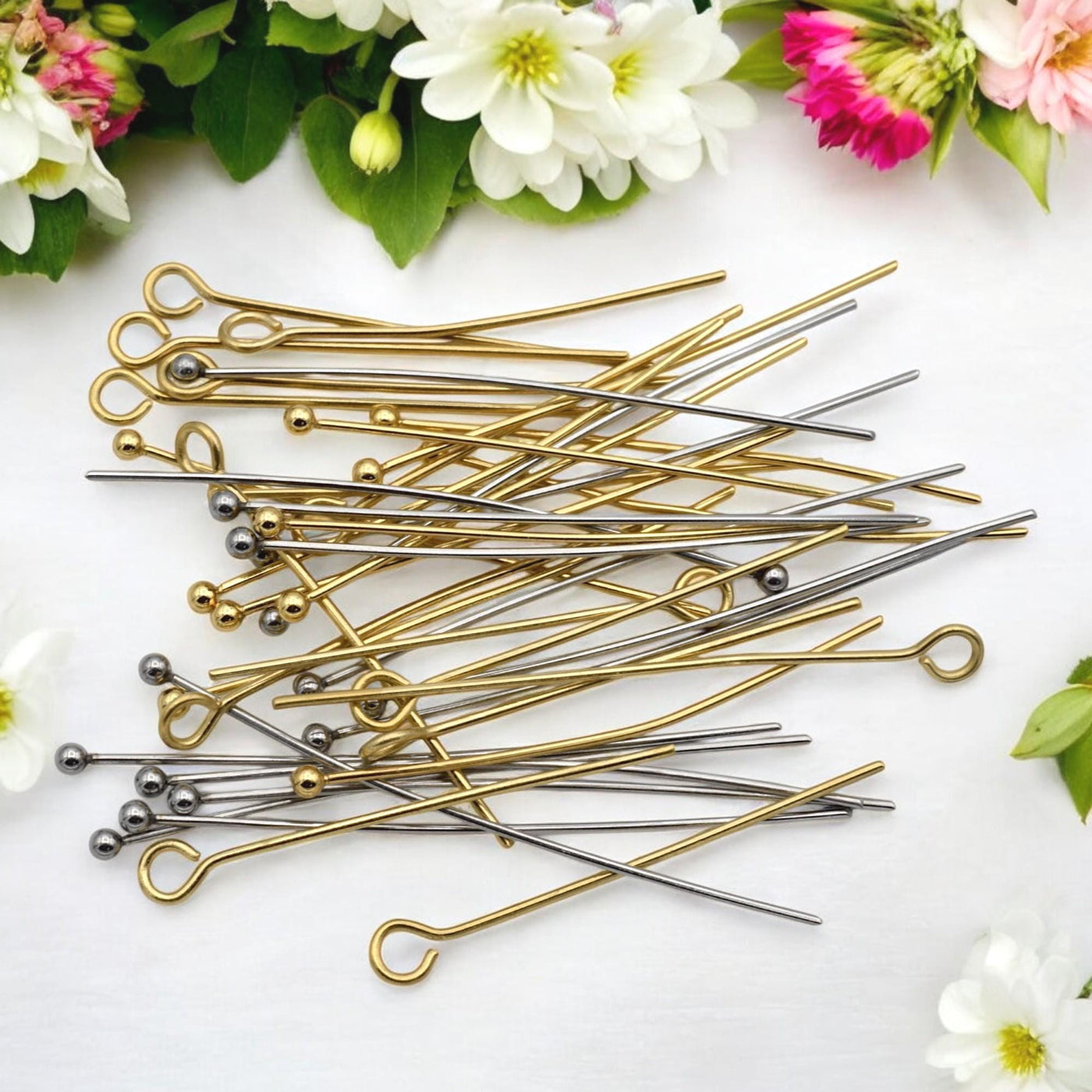 Stainless Steel Gold Plated & Silver Head Pins and Eye Pins Wire Pins for Jewelry Making, Ball End Loop Pins, Tarnish Resi...