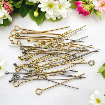Stainless Steel Gold Plated & Silver Head Pins and Eye Pins Wire Pins for Jewelry Making, Ball End Loop Pins, Tarnish Resi...