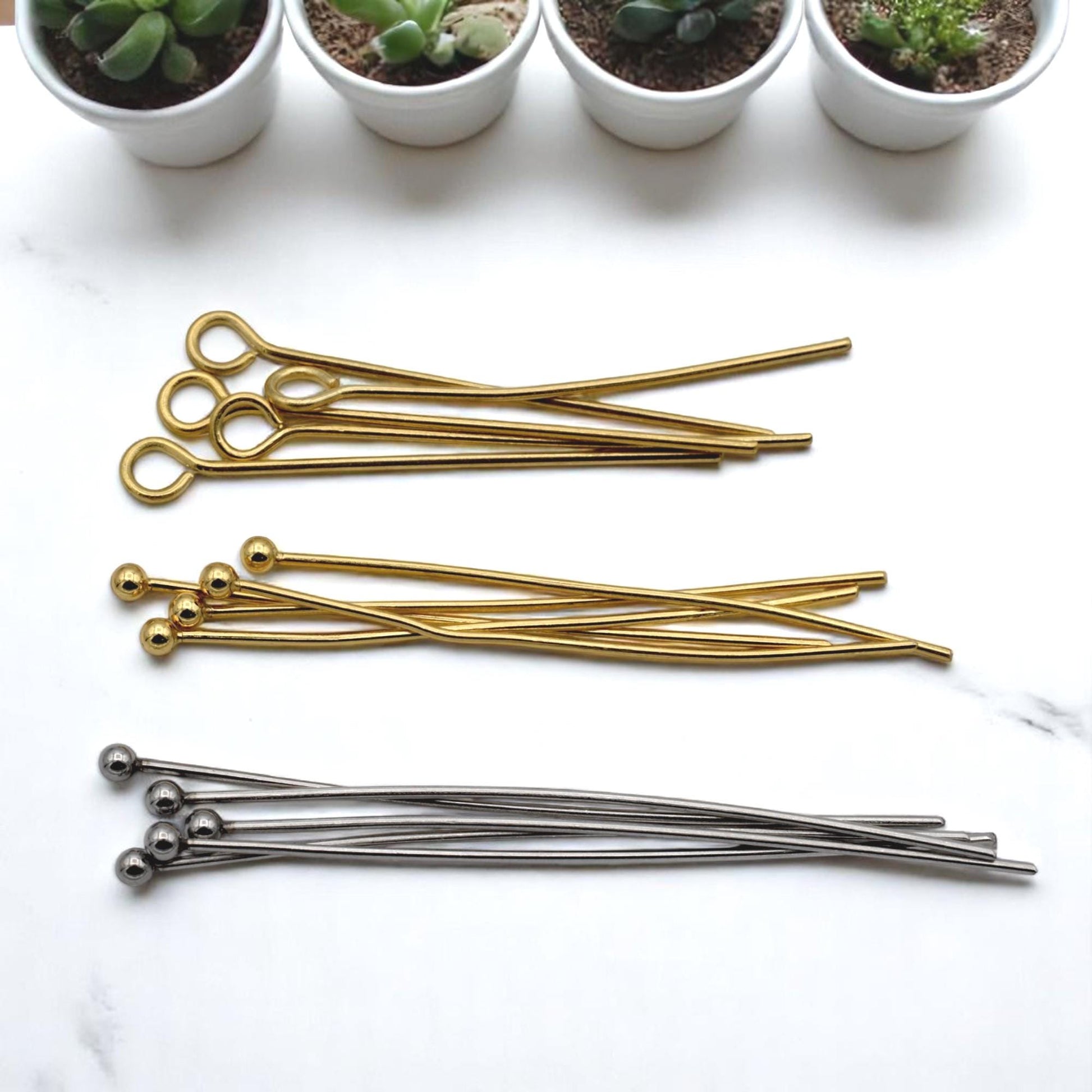Stainless Steel Gold Plated Pins And Eye Pins: Ball End & Loop Wire, Tarnish Resistant | 100 Pieces, 1.5 Inch Length, Jewelry Making Set
