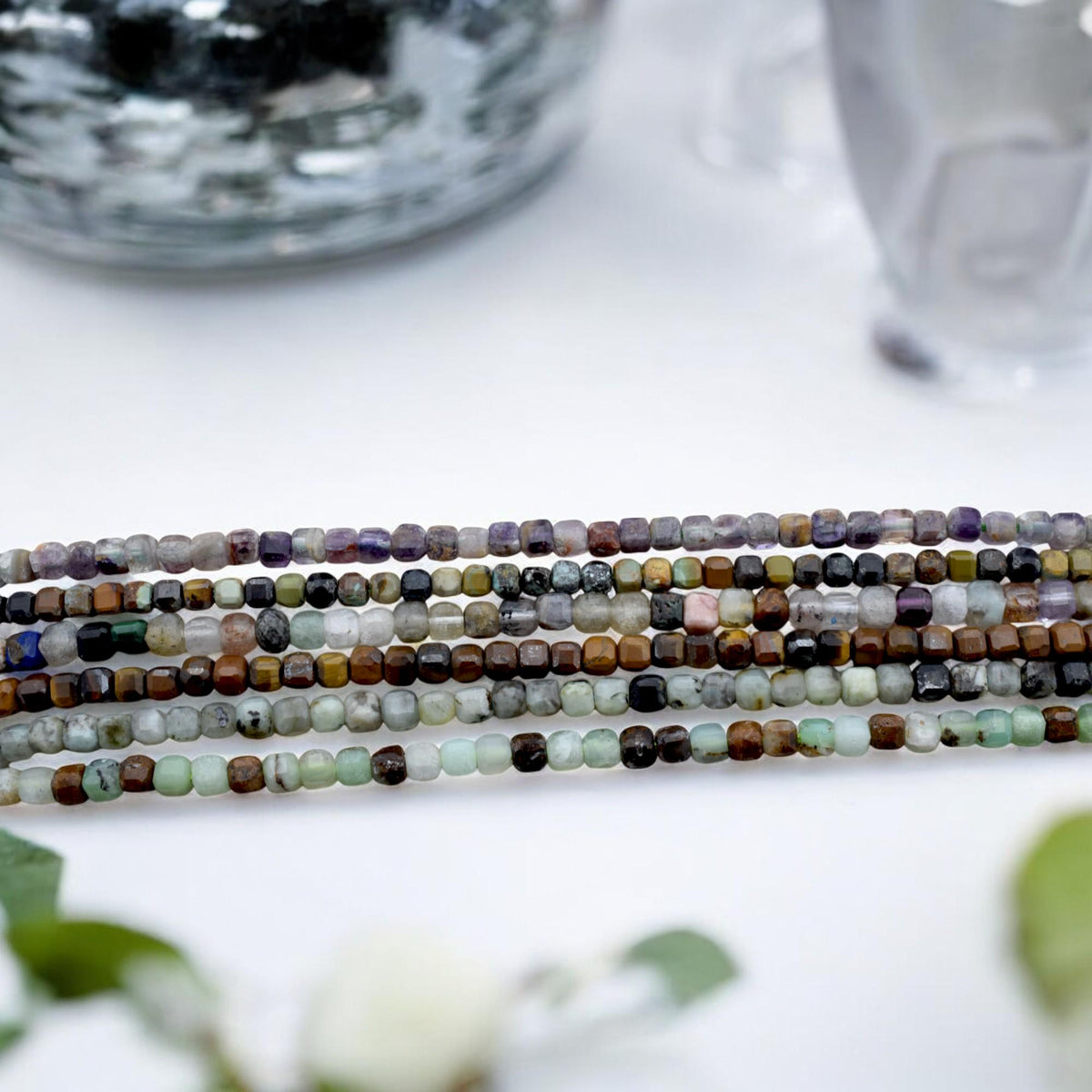 2 3mm Cube Cut Mixed Gemstone Beads, Faceted Square Natural Stones (Tiger Eye, Jasper, Fluorite, Pastel Earthy Colors, 15.5 Inches)