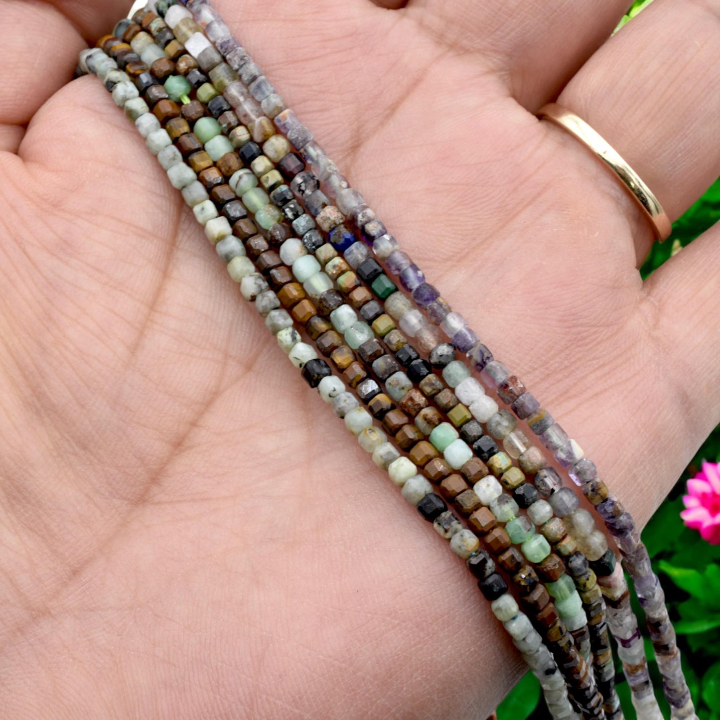 2 3mm Cube Cut Mixed Gemstone Beads, Faceted Square Natural Stones (Tiger Eye, Jasper, Fluorite, Pastel Earthy Colors, 15.5 Inches)