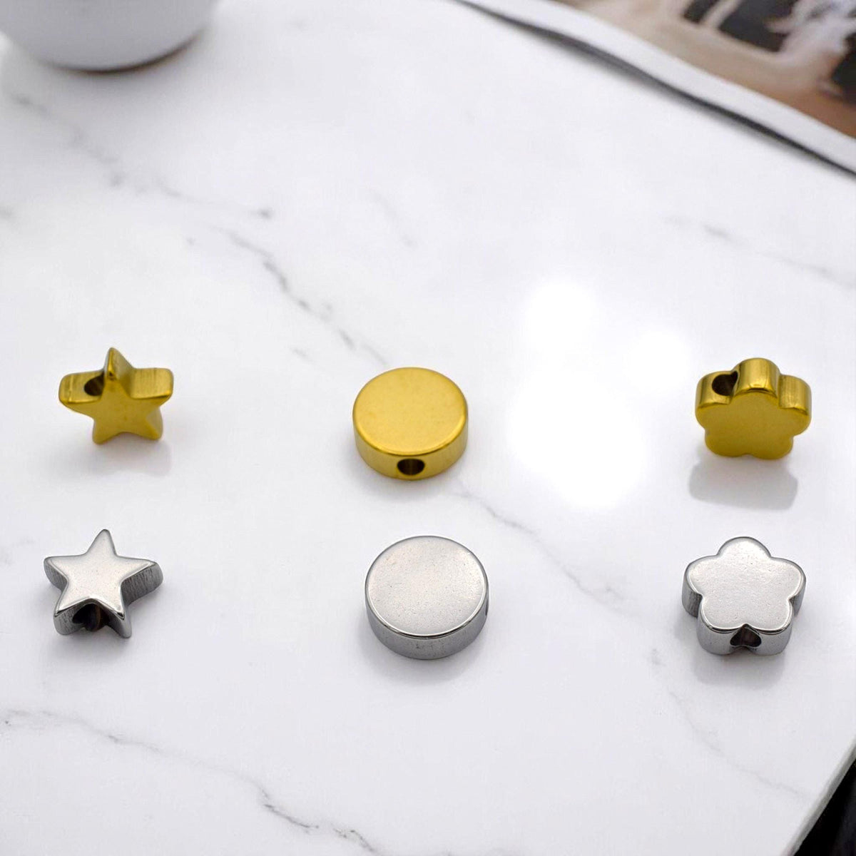 Star Round Flower Stainless Steel Spacer Beads: Gold & Silver Finish, Hypoallergenic | Durable Metal, 12 Pieces, Jewelry Making