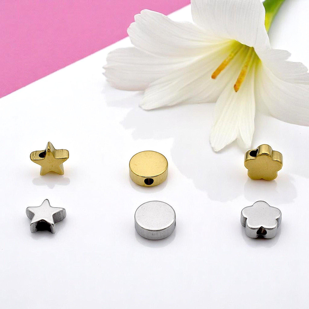 Star Round Flower Stainless Steel Spacer Beads: Gold & Silver Finish, Hypoallergenic | Durable Metal, 12 Pieces, Jewelry Making