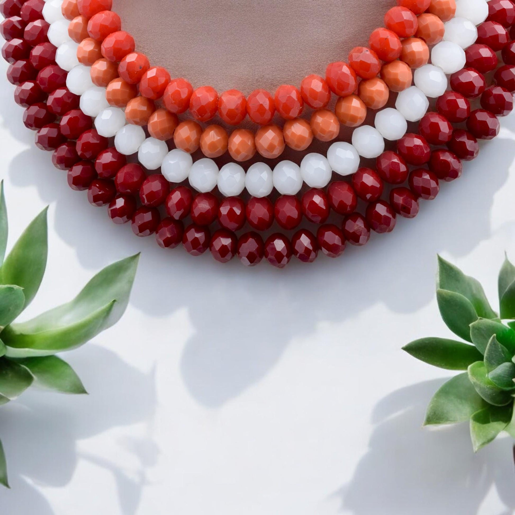 Bold Milky Multicolor Crystal Beaded for Necklace – Layered Statement Jewelry, Red Orange White Faceted Beads, Handmade Gi...