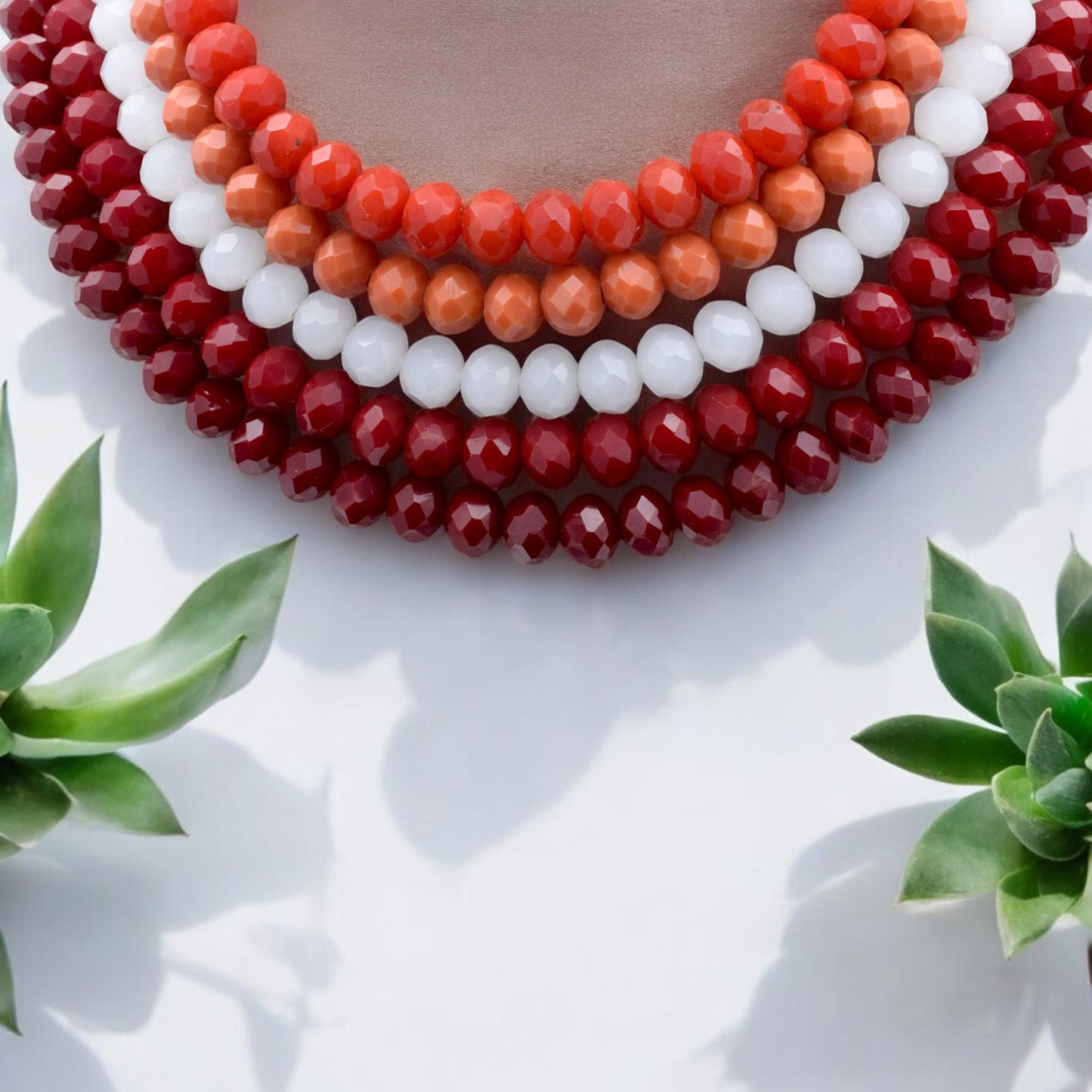 Red Orange White Faceted Bead Necklace: Layered Milky Crystal Statement, Bold Color Blend | Handmade Jewelry, Gift For Her | Multiple Sizes