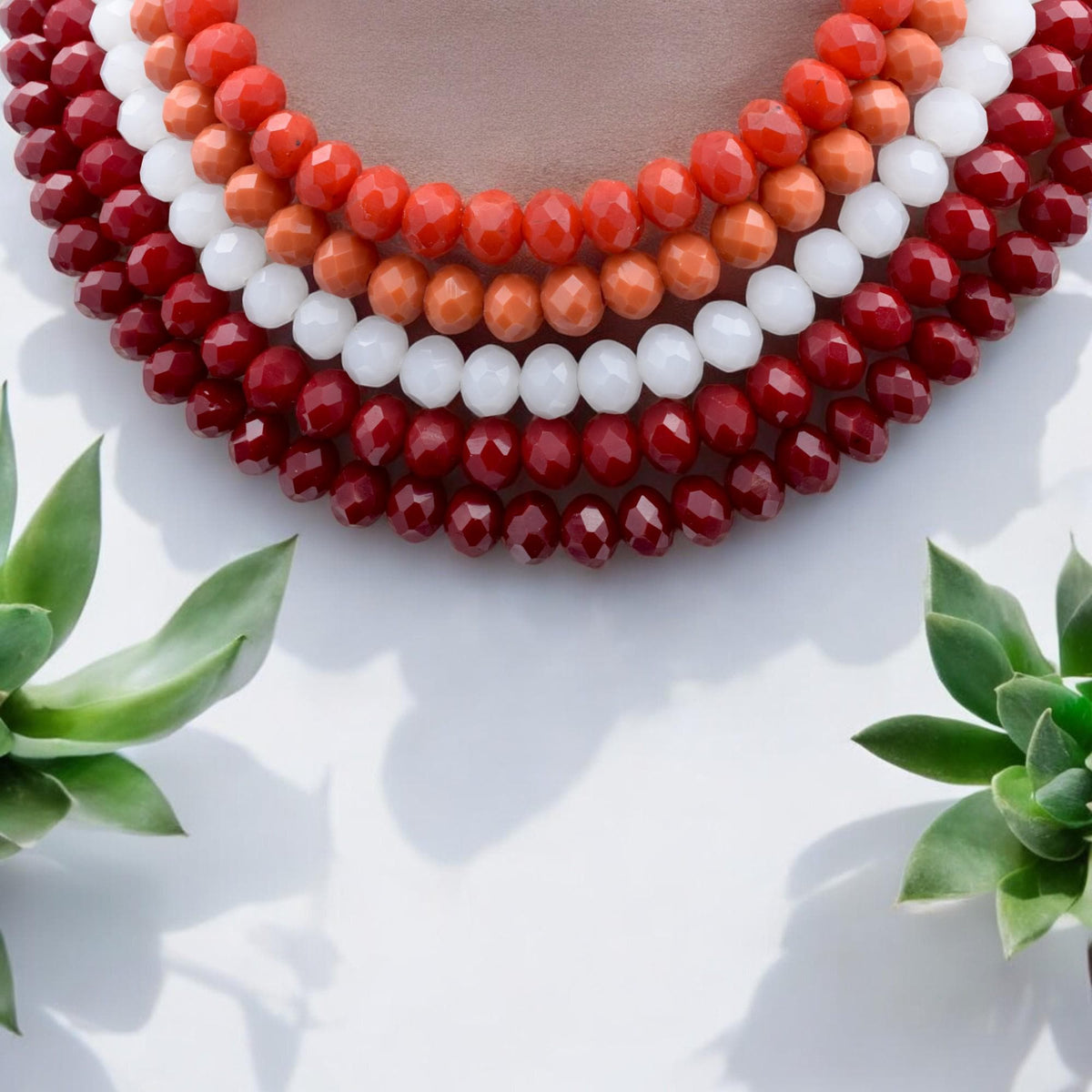 Red Orange White Faceted Bead Necklace: Layered Milky Crystal Statement, Bold Color Blend | Handmade Jewelry, Gift For Her | Multiple Sizes