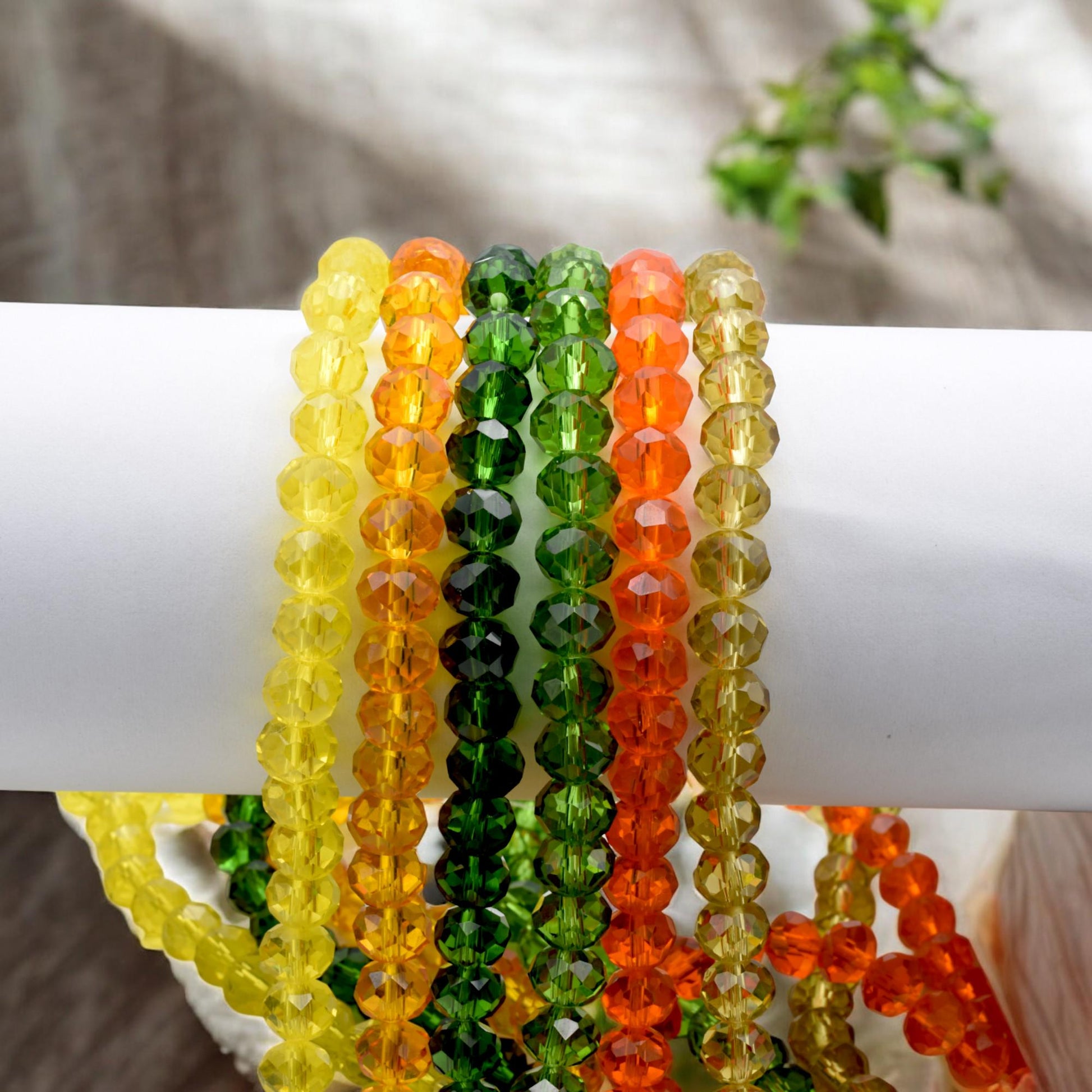 Faceted Glass Beads Strand: Rainbow Crystal Rondelle - Orange Yellow Green Ombre, 8mm Size | DIY Jewelry Supplies, Craft Beading