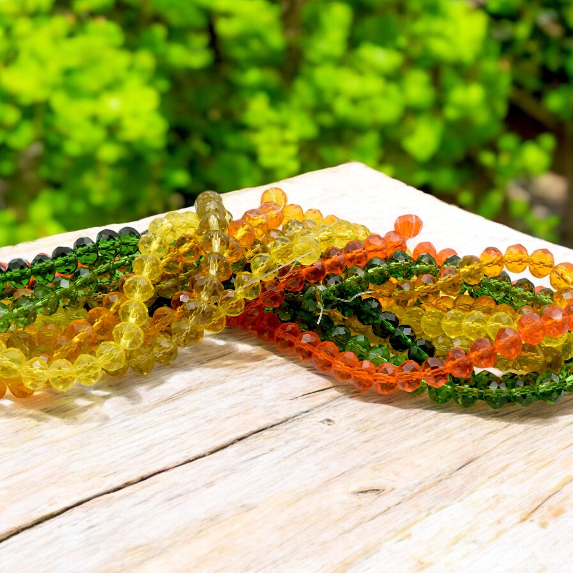 Faceted Glass Beads Strand: Rainbow Crystal Rondelle - Orange Yellow Green Ombre, 8mm Size | DIY Jewelry Supplies, Craft Beading