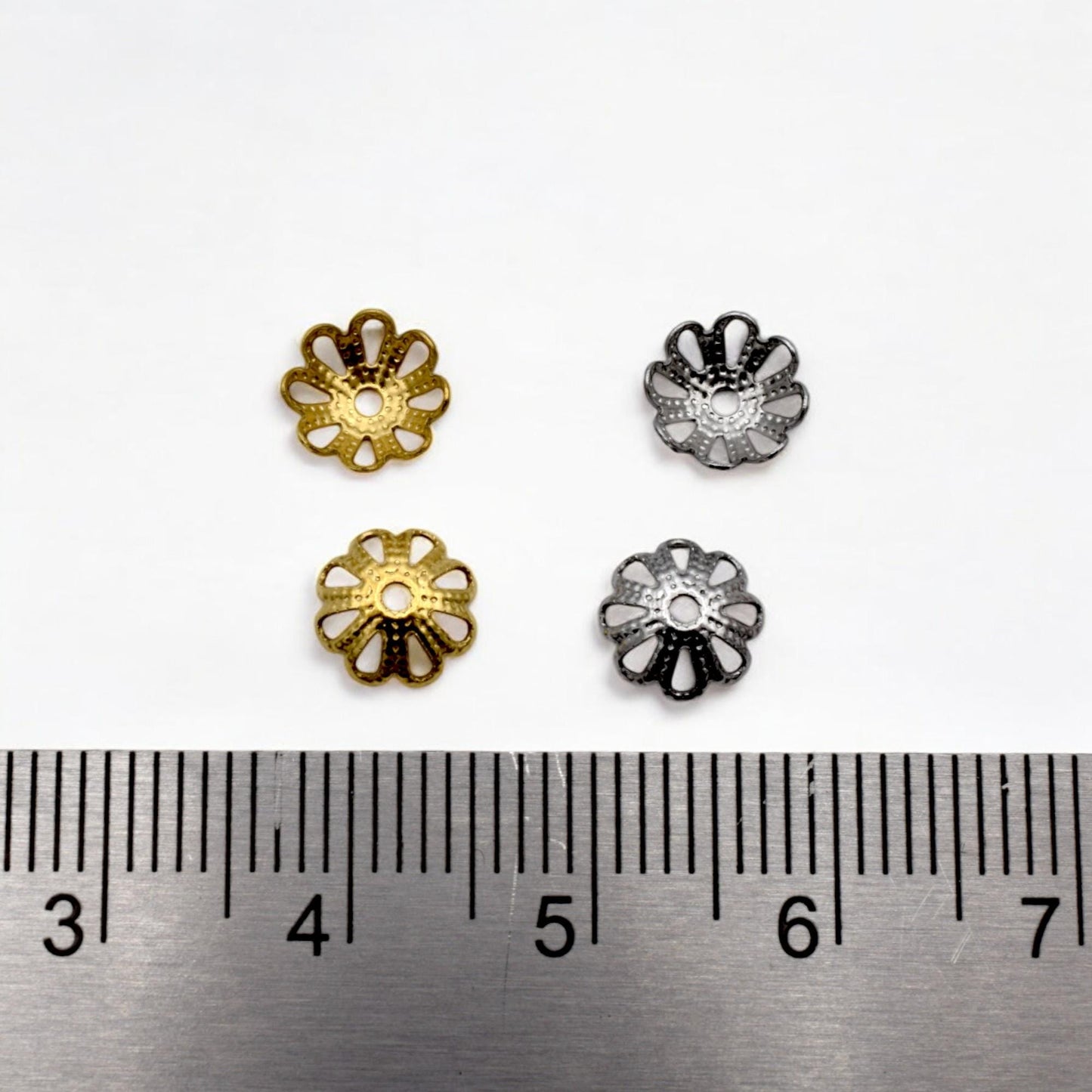 Flower Bead Caps, Filigree Spacers, Stainless Steel, 7mm (Gold Silver Tone)