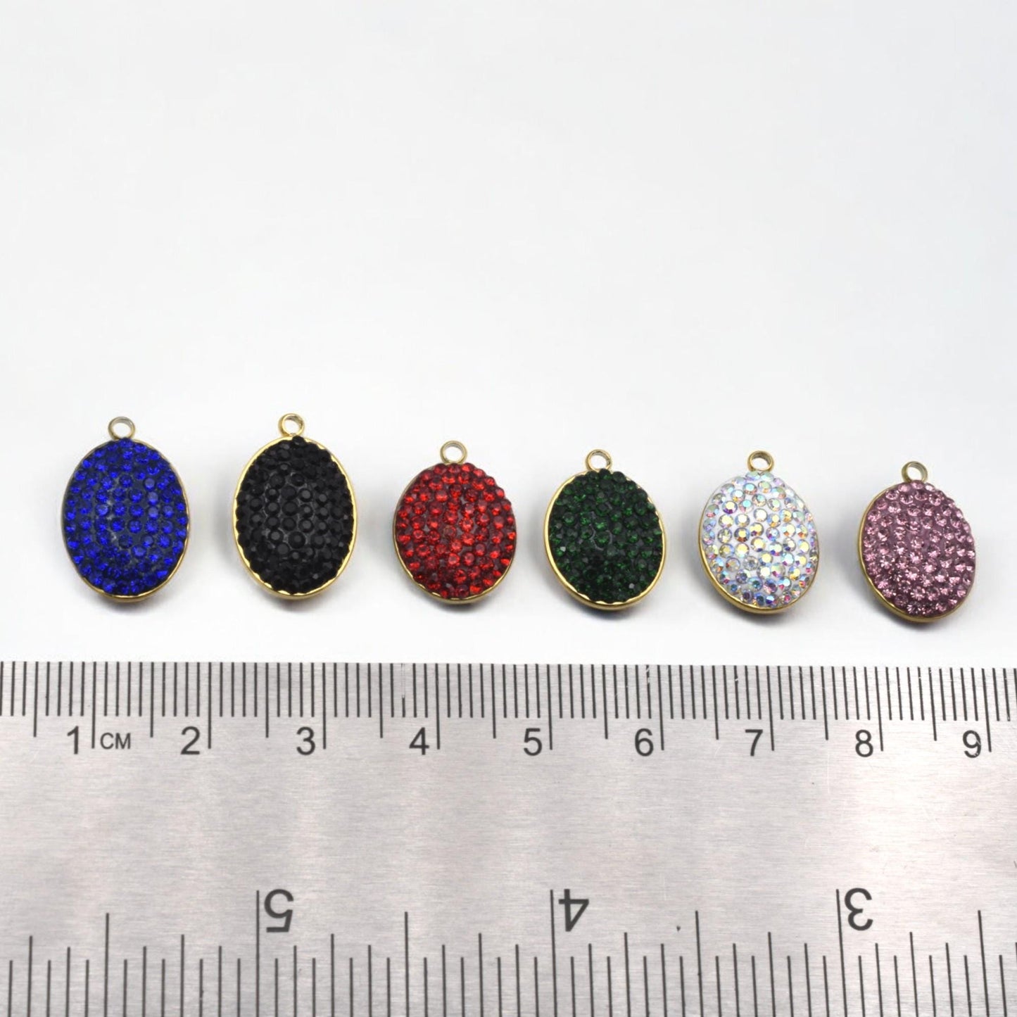 Mixed Color Charms Oval Rhinestone Pendants: Gold Edge, Sparkling Crystal Connectors | Flatback, DIY Jewelry Supplies | 3 Pcs Set