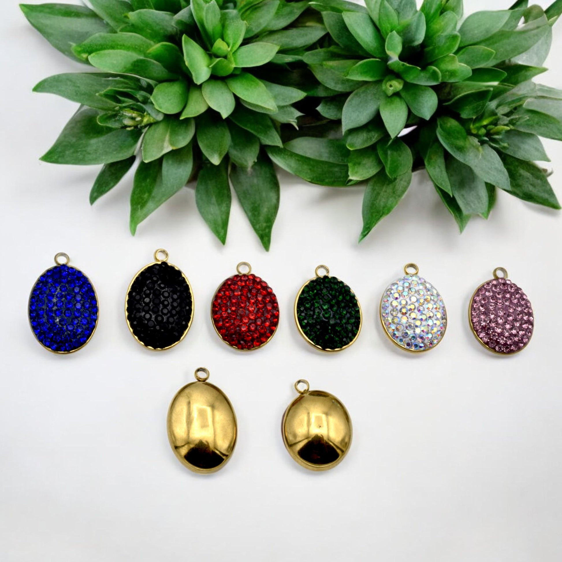 Mixed Color Charms Oval Rhinestone Pendants: Gold Edge, Sparkling Crystal Connectors | Flatback, DIY Jewelry Supplies | 3 Pcs Set