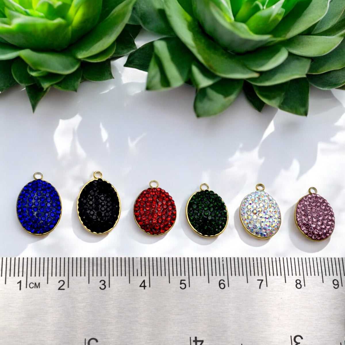 Mixed Color Charms Oval Rhinestone Pendants: Gold Edge, Sparkling Crystal Connectors | Flatback, DIY Jewelry Supplies | 3 Pcs Set