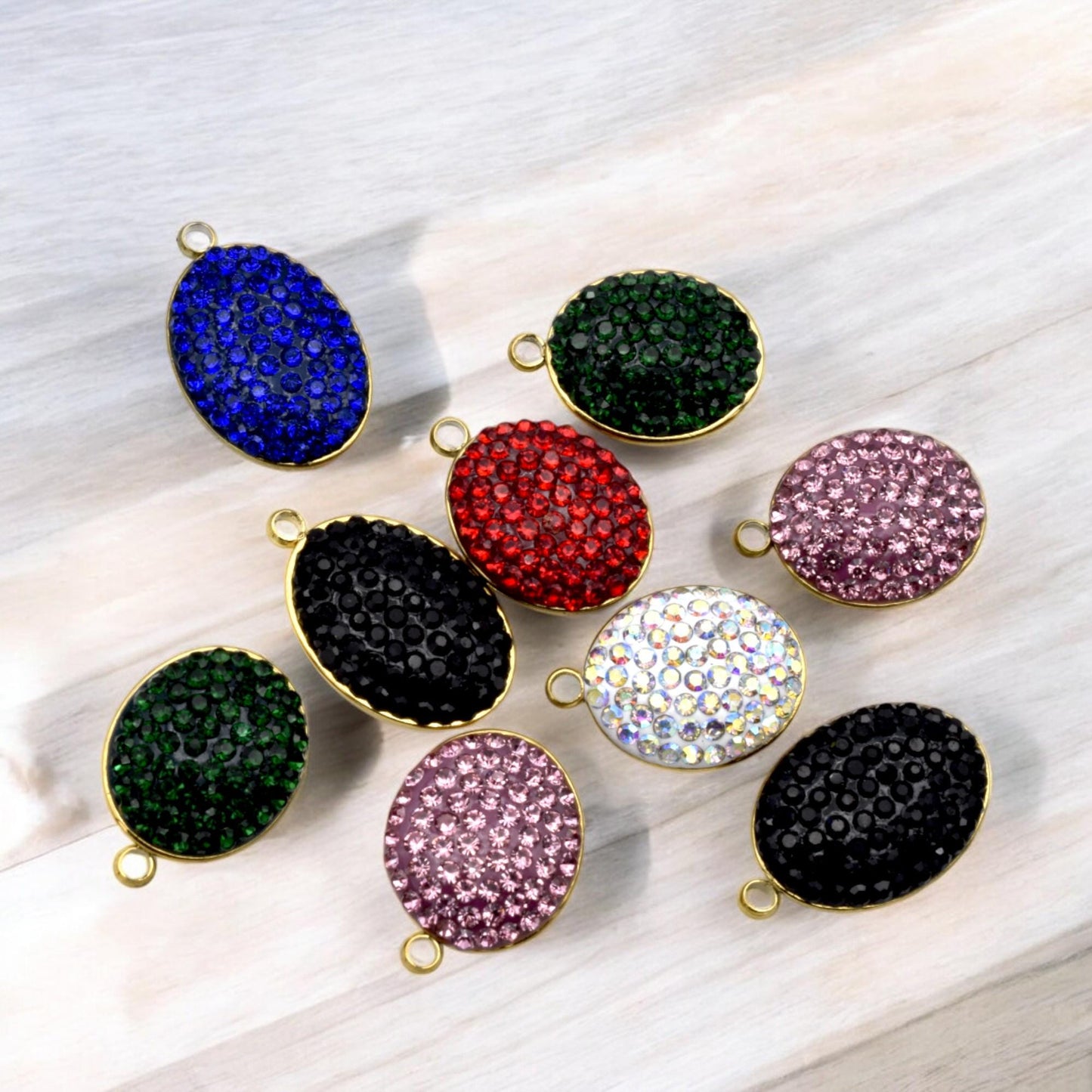 Mixed Color Charms Oval Rhinestone Pendants: Gold Edge, Sparkling Crystal Connectors | Flatback, DIY Jewelry Supplies | 3 Pcs Set