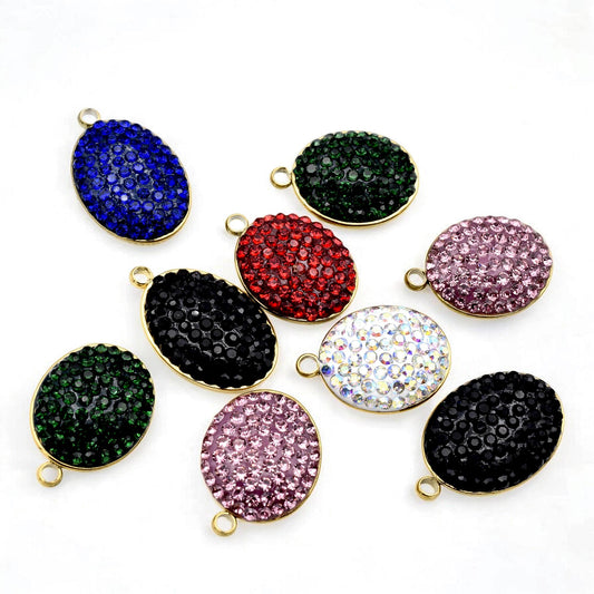 Mixed Color Charms Oval Rhinestone Pendants: Gold Edge, Sparkling Crystal Connectors | Flatback, DIY Jewelry Supplies | 3 Pcs Set
