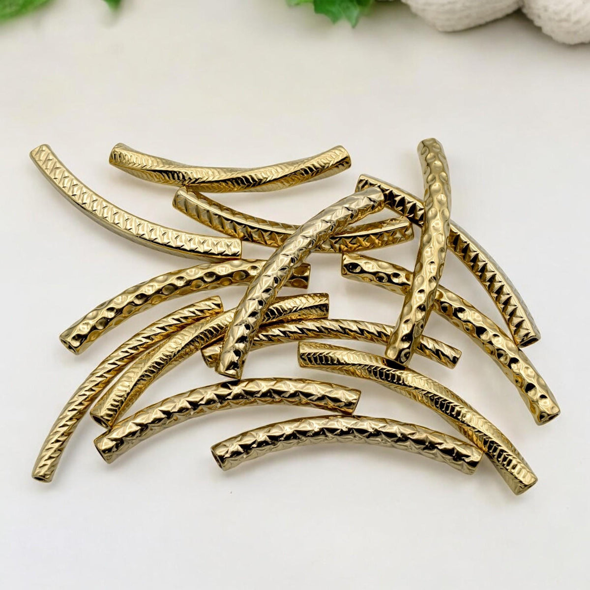 Gold Curved Tube Spacer Beads - Textured Gold-Plated Stainless Steel, Arched Design, Lightweight Durable | Jewelry Making Essentials