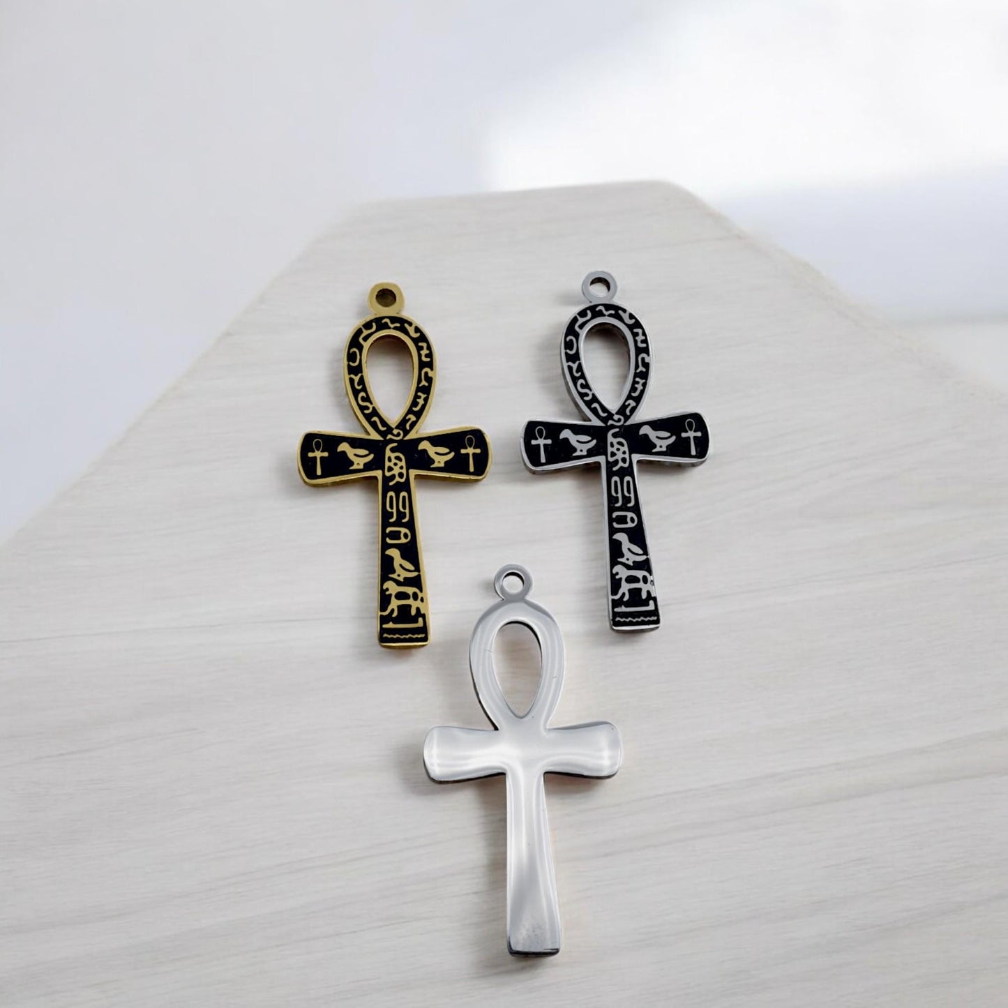Ankh Cross Pendant Jewelry: Sacred Egyptian Hieroglyph Design, Gold & Silver Stainless (15x30mm, Unisex Charm)