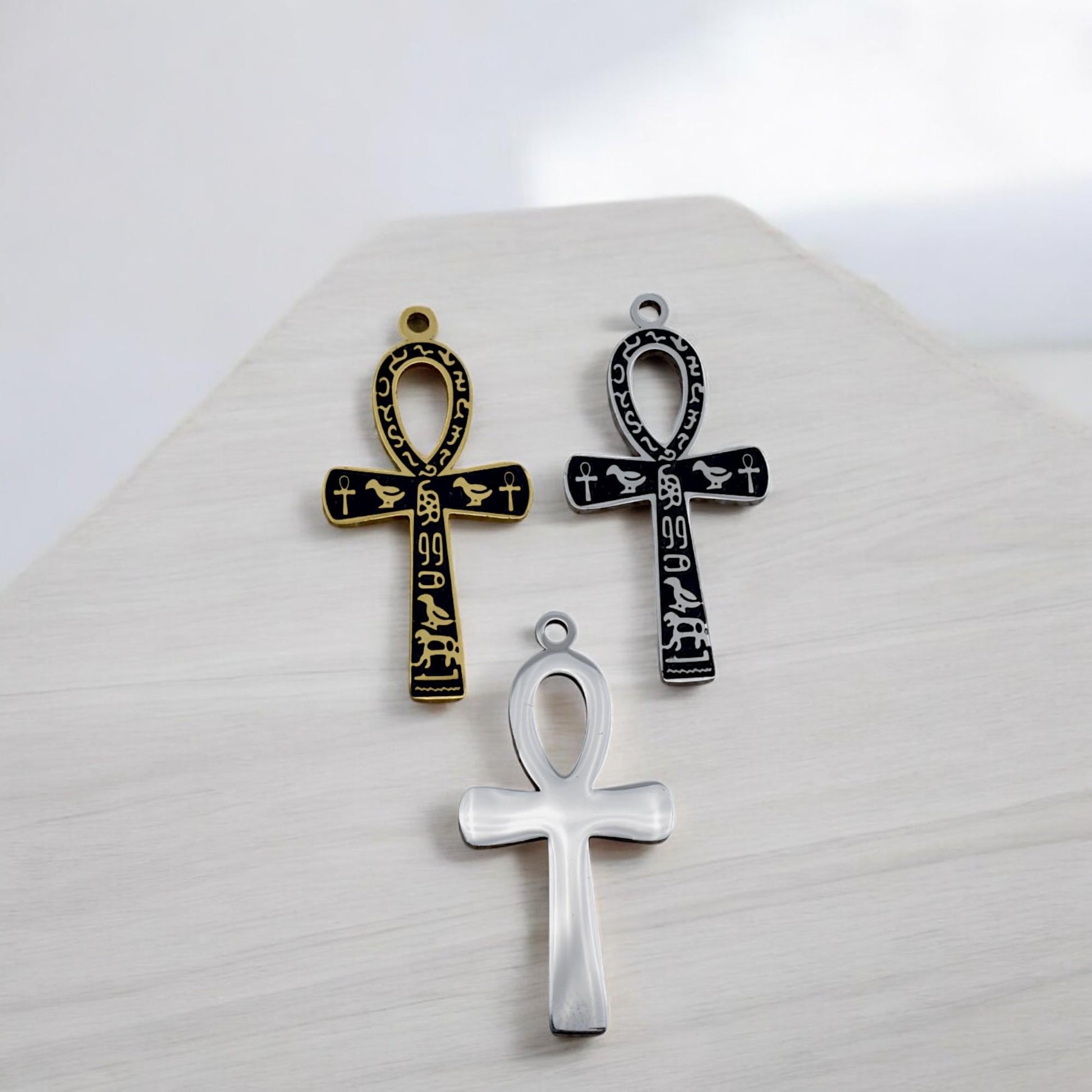 Ankh Cross Pendant Jewelry: Sacred Egyptian Hieroglyph Design, Gold & Silver Stainless (15x30mm, Unisex Charm)