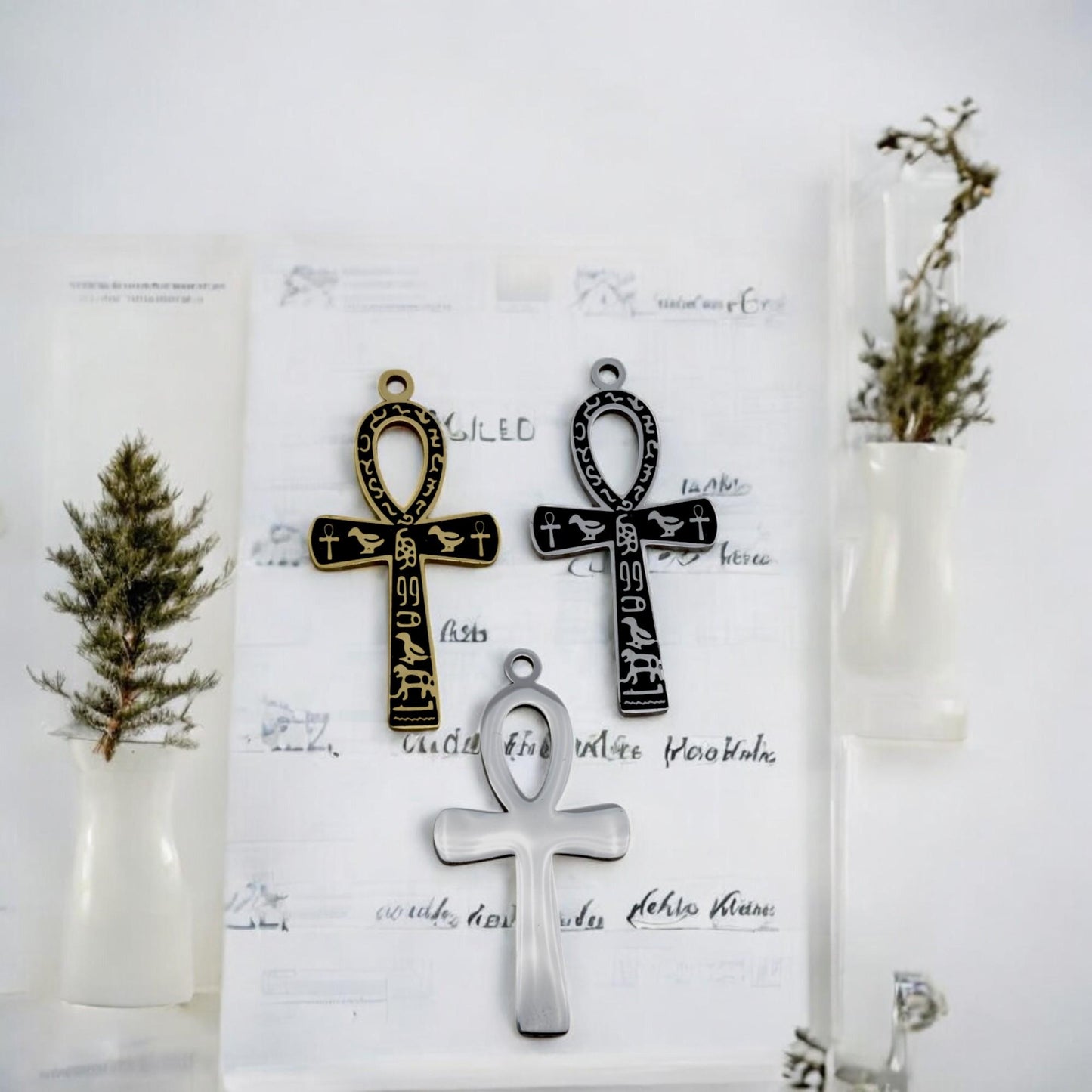 Ankh Cross Pendant Jewelry: Sacred Egyptian Hieroglyph Design, Gold & Silver Stainless (15x30mm, Unisex Charm)