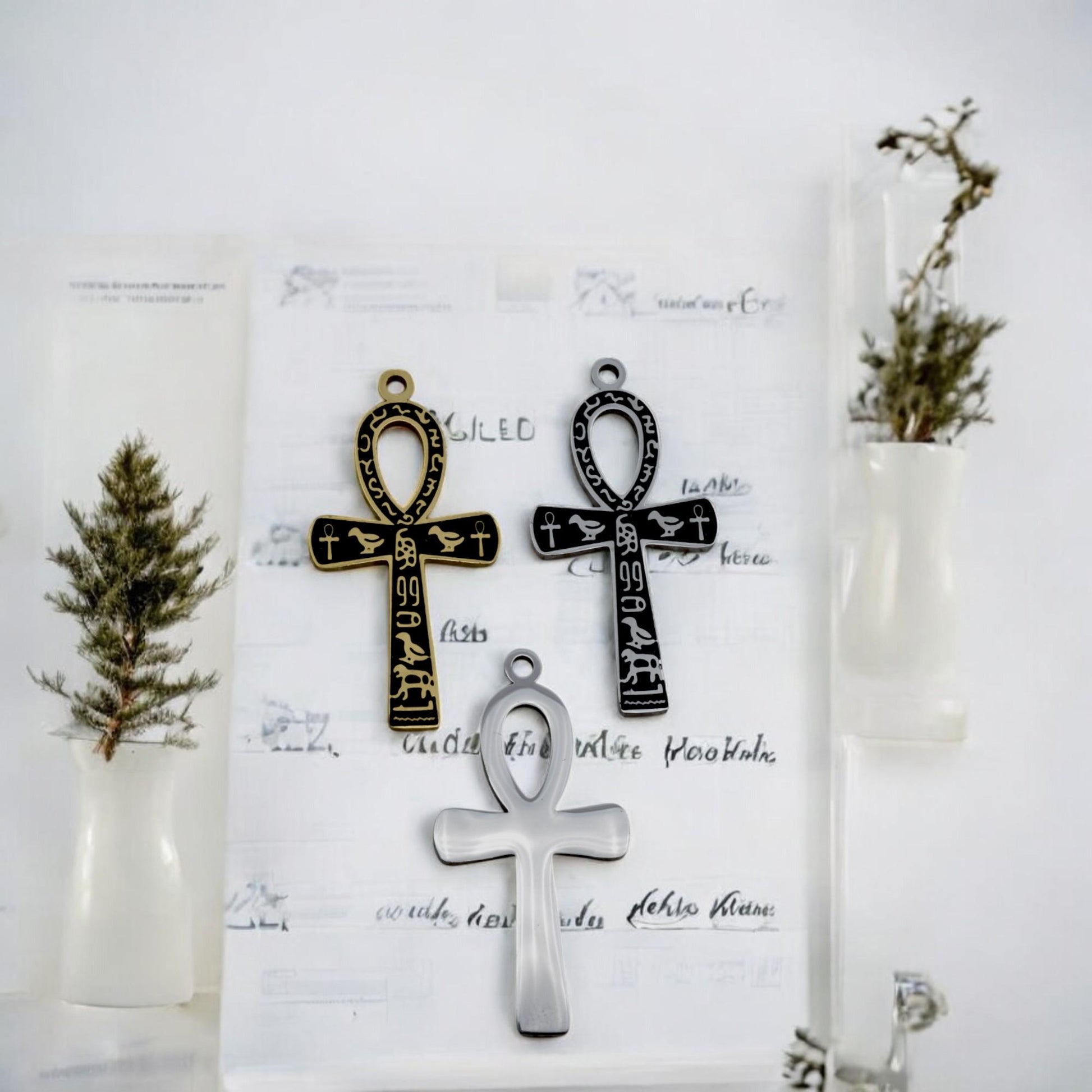 Ankh Cross Pendant Jewelry: Sacred Egyptian Hieroglyph Design, Gold & Silver Stainless (15x30mm, Unisex Charm)