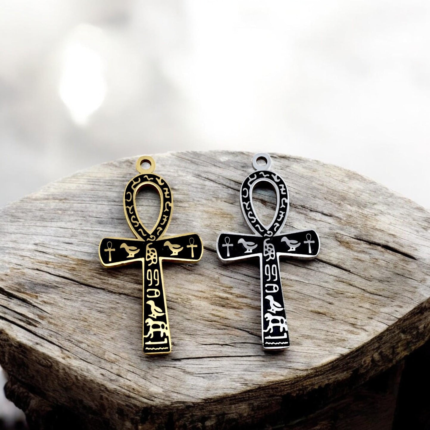 Ankh Cross Pendant Jewelry: Sacred Egyptian Hieroglyph Design, Gold & Silver Stainless (15x30mm, Unisex Charm)