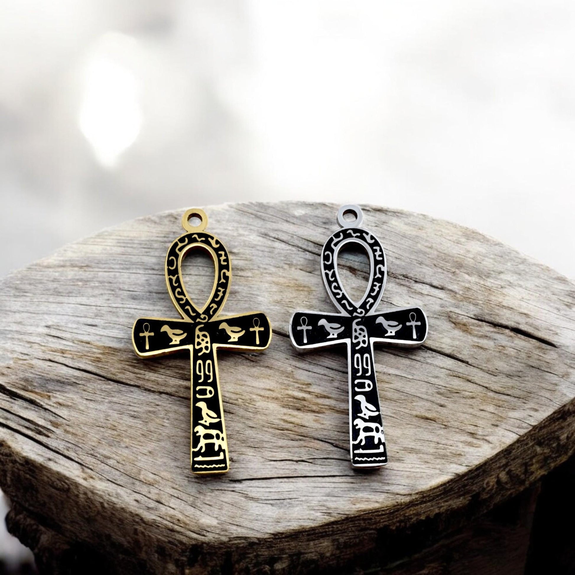 Ankh Cross Pendant Jewelry: Sacred Egyptian Hieroglyph Design, Gold & Silver Stainless (15x30mm, Unisex Charm)