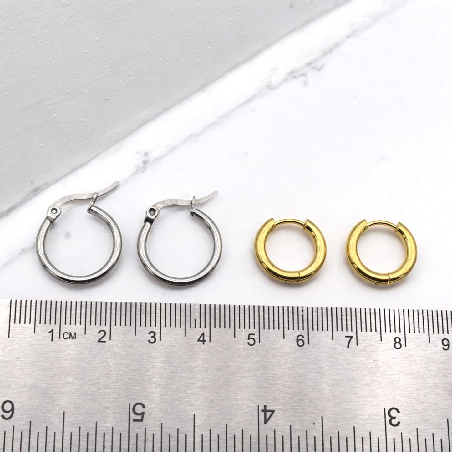 Small Huggies Hoops Stainless Steel Earrings: Gold and Silver Polished Metal (Hypoallergenic, Unisex, DIY Charm Base)