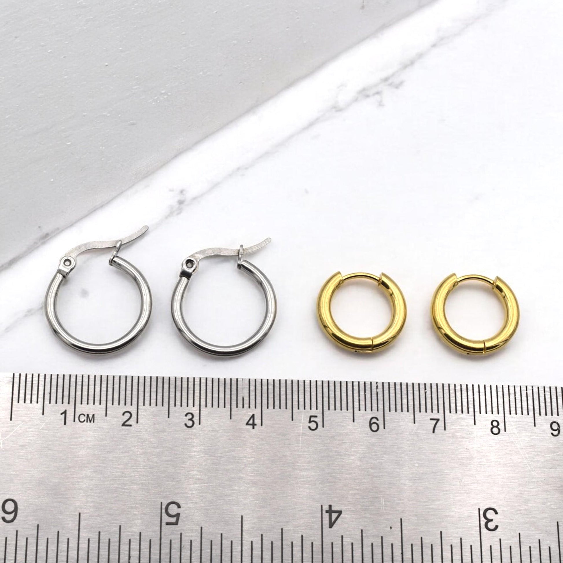 Small Huggies Hoops Stainless Steel Earrings: Gold and Silver Polished Metal (Hypoallergenic, Unisex, DIY Charm Base)