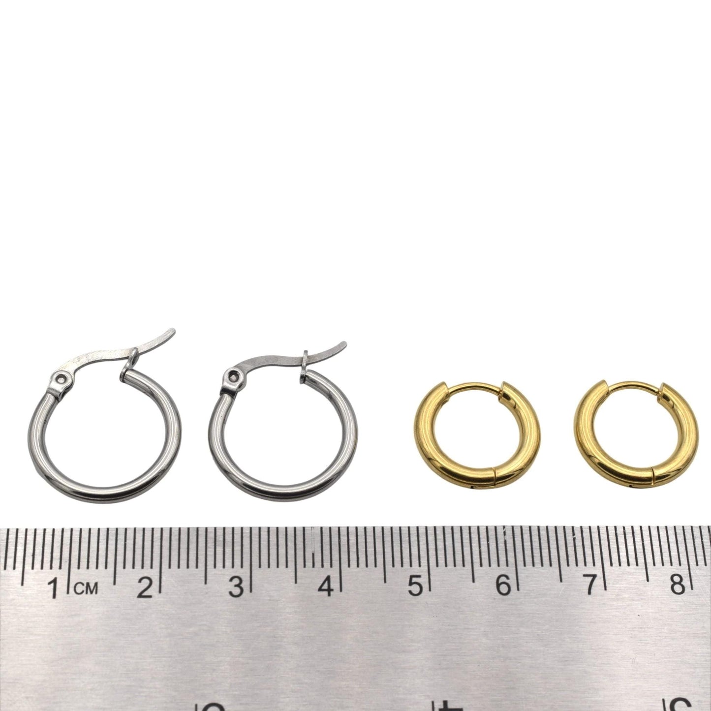 Small Huggies Hoops Stainless Steel Earrings: Gold and Silver Polished Metal (Hypoallergenic, Unisex, DIY Charm Base)