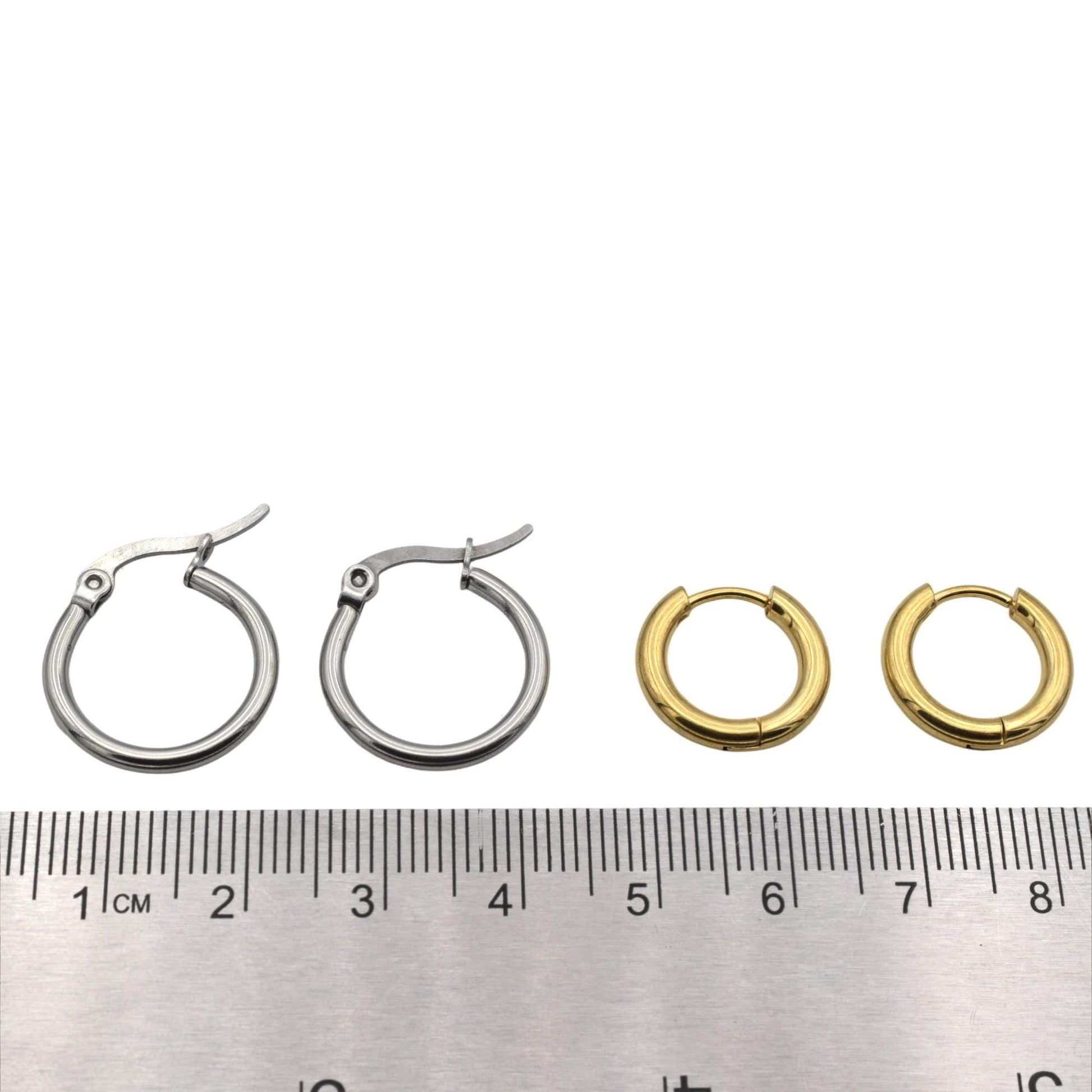 Small Huggies Hoops Stainless Steel Earrings: Gold and Silver Polished Metal (Hypoallergenic, Unisex, DIY Charm Base)