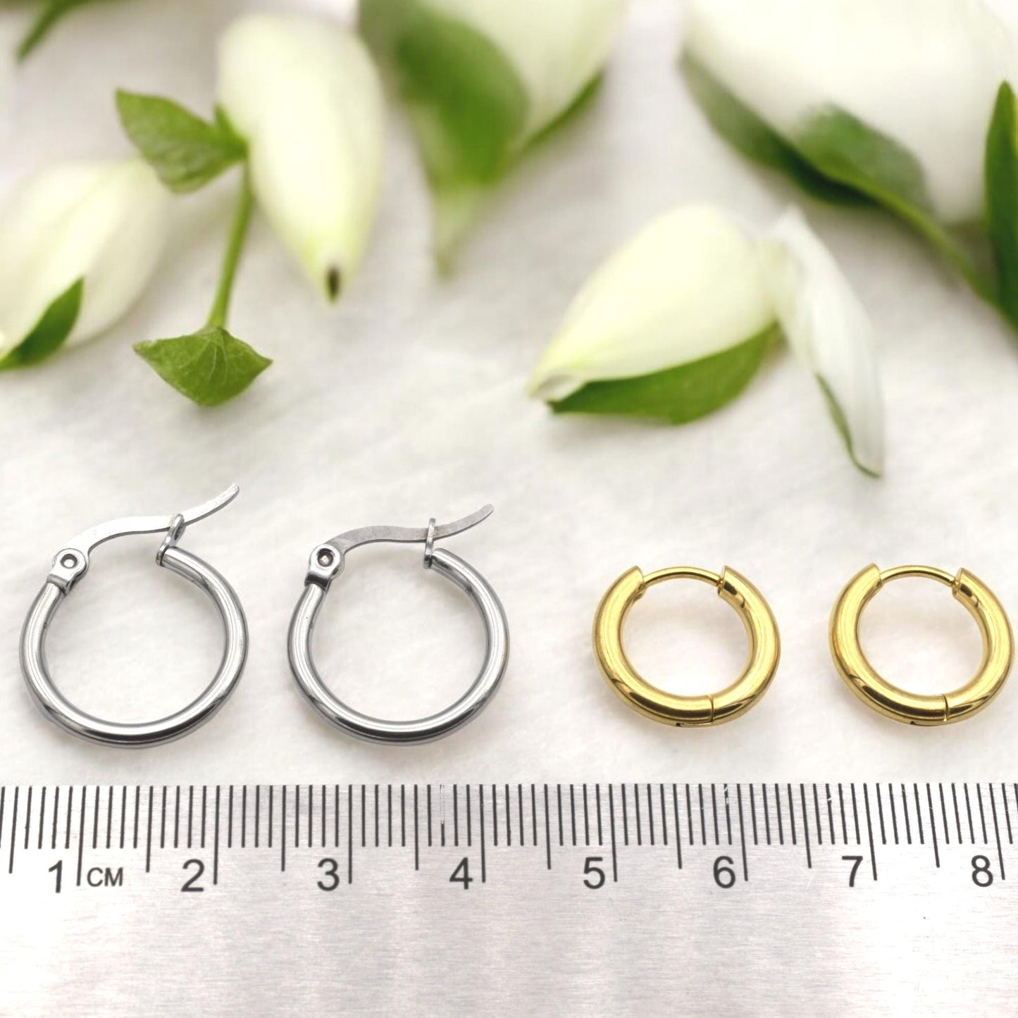 Small Huggies Hoops Stainless Steel Earrings: Gold and Silver Polished Metal (Hypoallergenic, Unisex, DIY Charm Base)