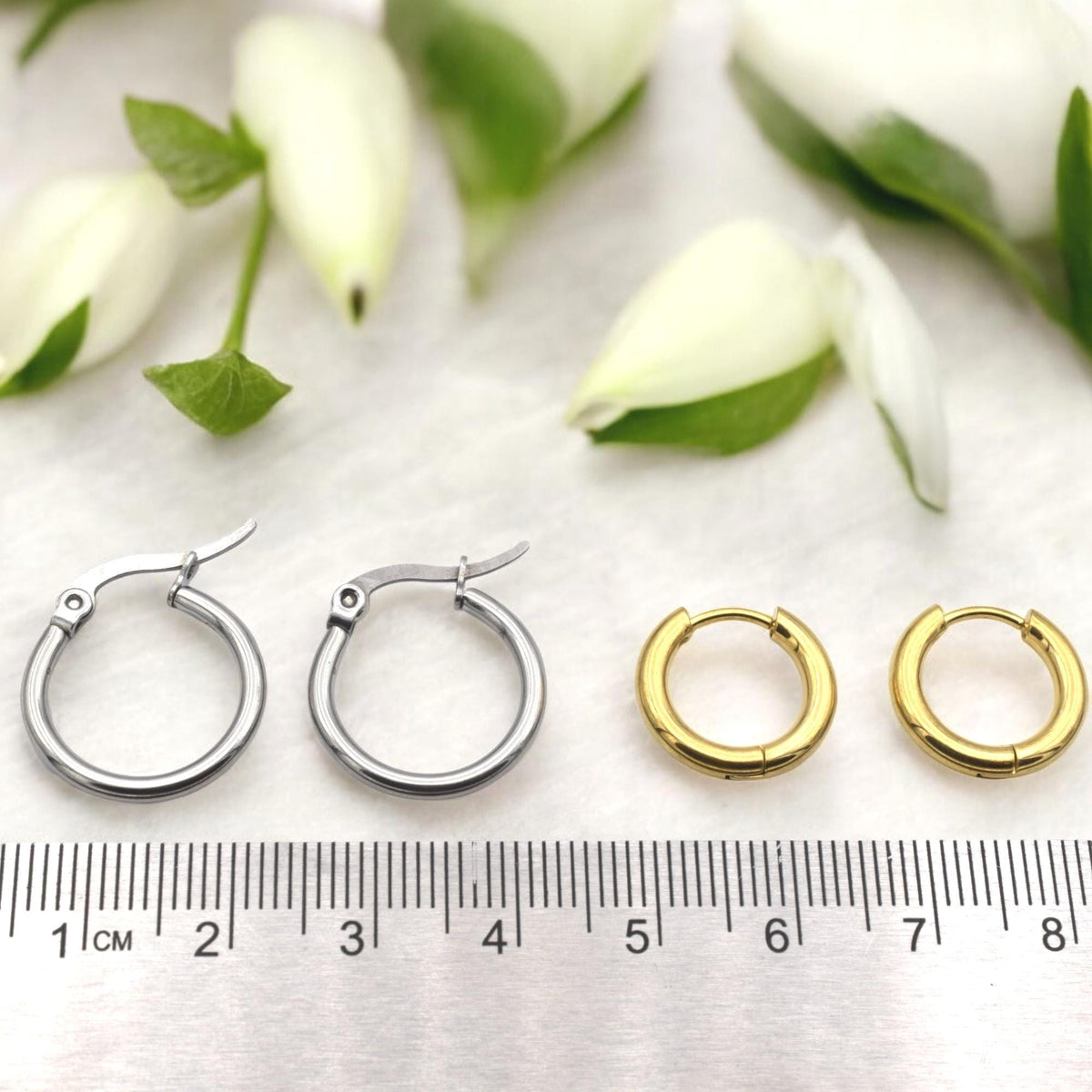 Small Huggies Hoops Stainless Steel Earrings: Gold and Silver Polished Metal (Hypoallergenic, Unisex, DIY Charm Base)