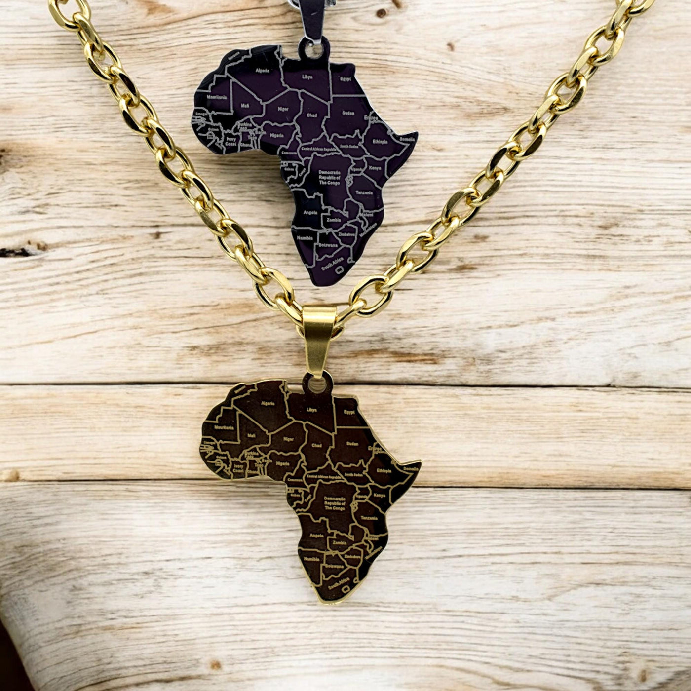 Africa Map Pendant Stainless Steel 27x37mm – Gold & Silver Tone Charm for Necklace, African Jewelry, Laser Engraved Countr...