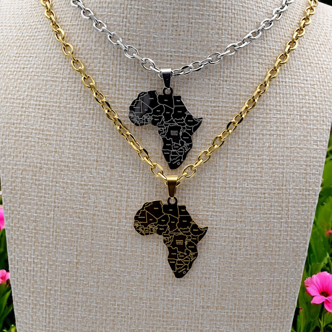 Africa Map Pendant Stainless Steel 27x37mm – Gold & Silver Tone Charm for Necklace, African Jewelry, Laser Engraved Countr...