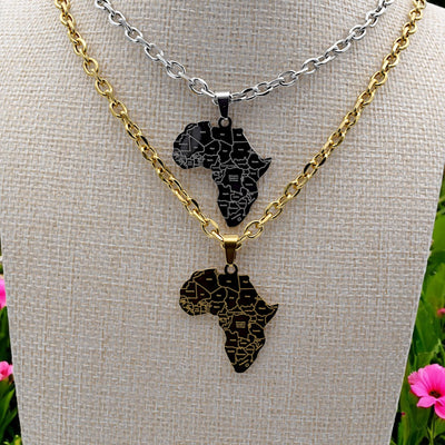 Africa Map Pendant Stainless Steel 27x37mm – Gold & Silver Tone Charm for Necklace, African Jewelry, Laser Engraved Countr...