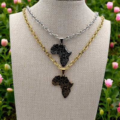 Africa Map Pendant Stainless Steel 27x37mm – Gold & Silver Tone Charm for Necklace, African Jewelry, Laser Engraved Countr...