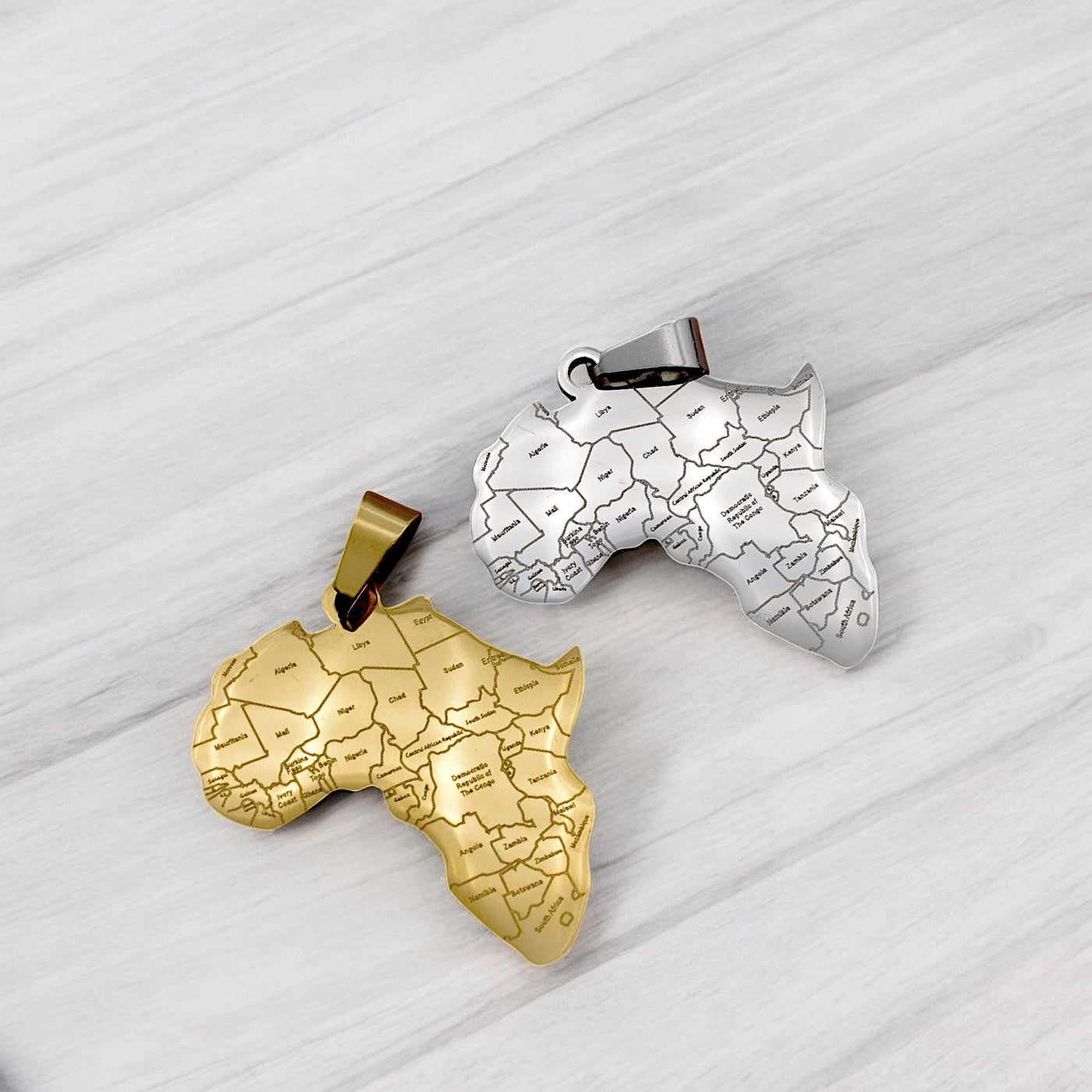 Africa Map Pendant Stainless Steel 27x37mm – Gold & Silver Tone Charm for Necklace, African Jewelry, Laser Engraved Countr...