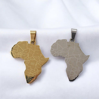 Africa Map Pendant Stainless Steel 27x37mm – Gold & Silver Tone Charm for Necklace, African Jewelry, Laser Engraved Countr...