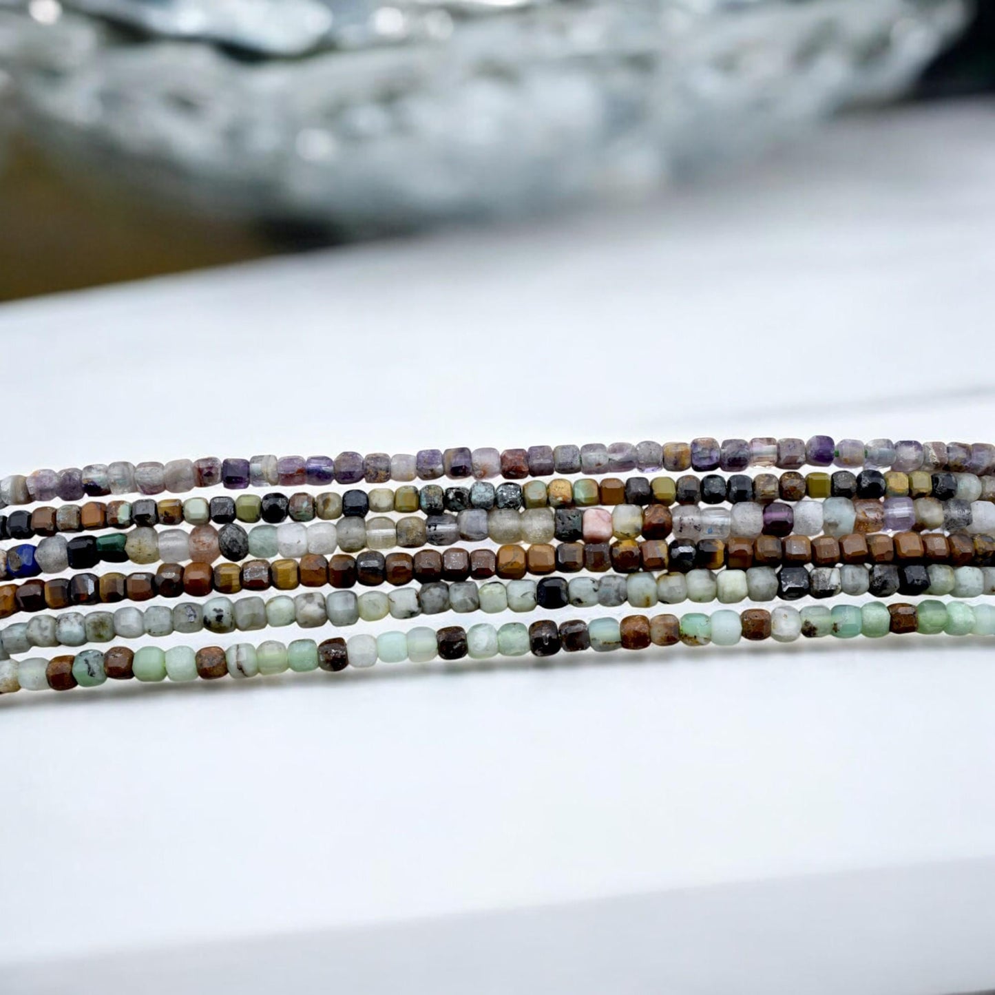2 3mm Cube Cut Mixed Gemstone Beads, Faceted Square Natural Stones (Tiger Eye, Jasper, Fluorite, Pastel Earthy Colors, 15.5 Inches)