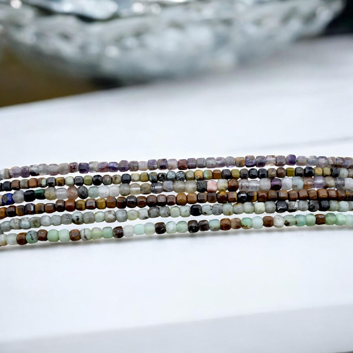 2 3mm Cube Cut Mixed Gemstone Beads, Faceted Square Natural Stones (Tiger Eye, Jasper, Fluorite, Pastel Earthy Colors, 15.5 Inches)