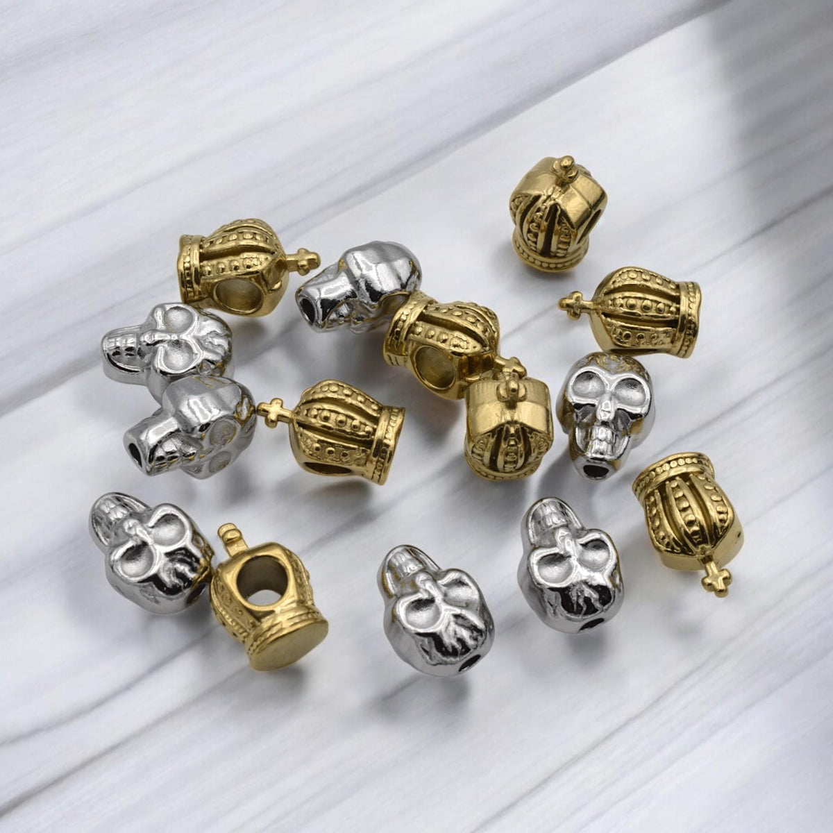 Gold Plated Crown Beads Set, Silver Skull Spacers, Gothic Fantasy Jewelry (12pcs, Lead-Free Metal, Smooth Finish)
