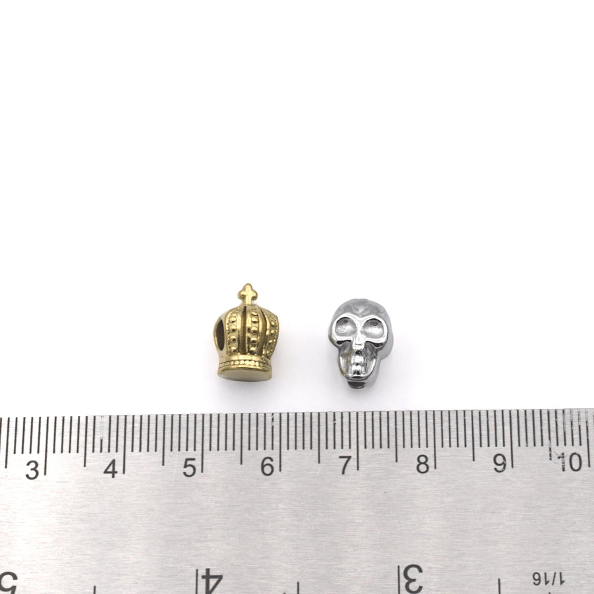 Gold Plated Crown Beads Set, Silver Skull Spacers, Gothic Fantasy Jewelry (12pcs, Lead-Free Metal, Smooth Finish)