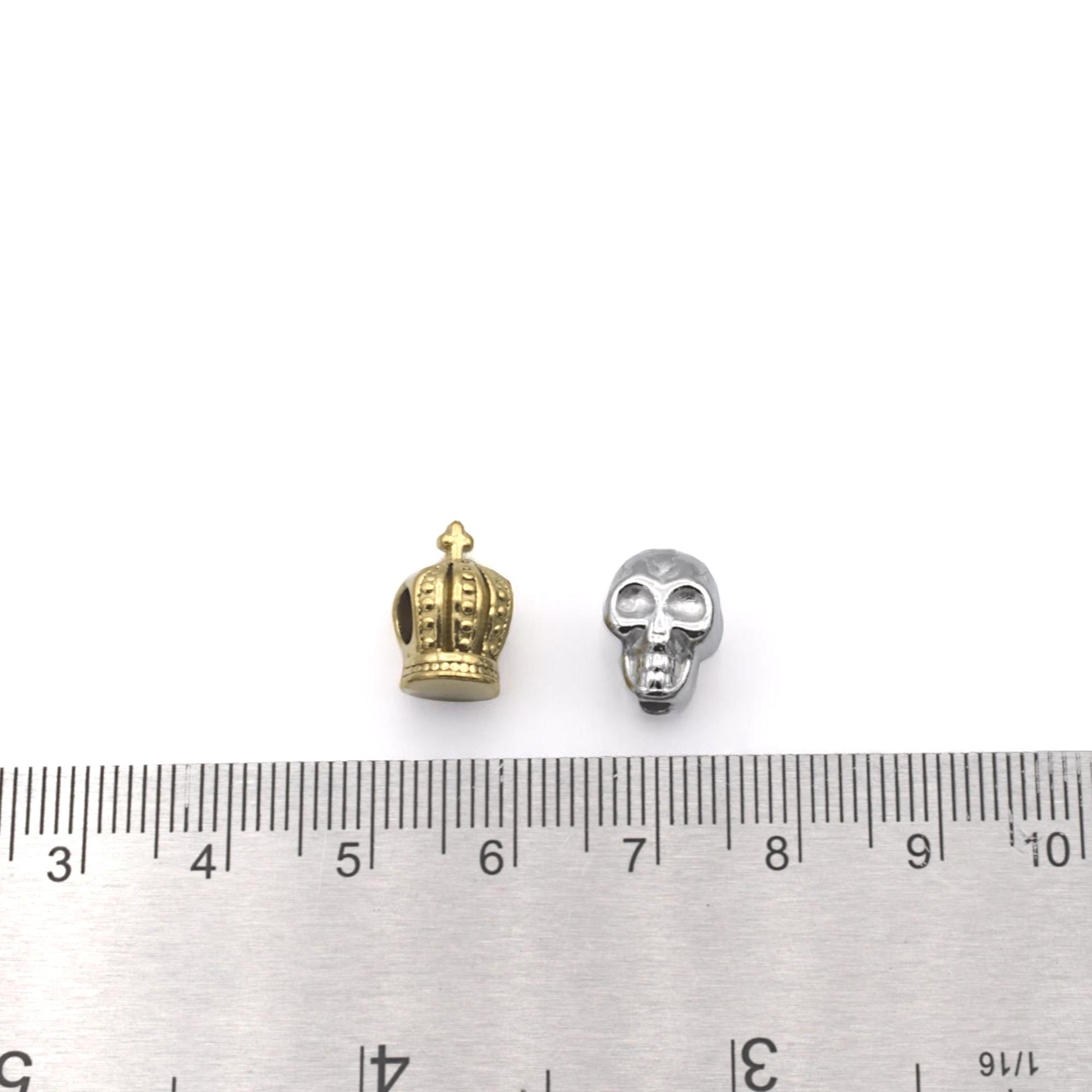 Gold Plated Crown Beads Set, Silver Skull Spacers, Gothic Fantasy Jewelry (12pcs, Lead-Free Metal, Smooth Finish)