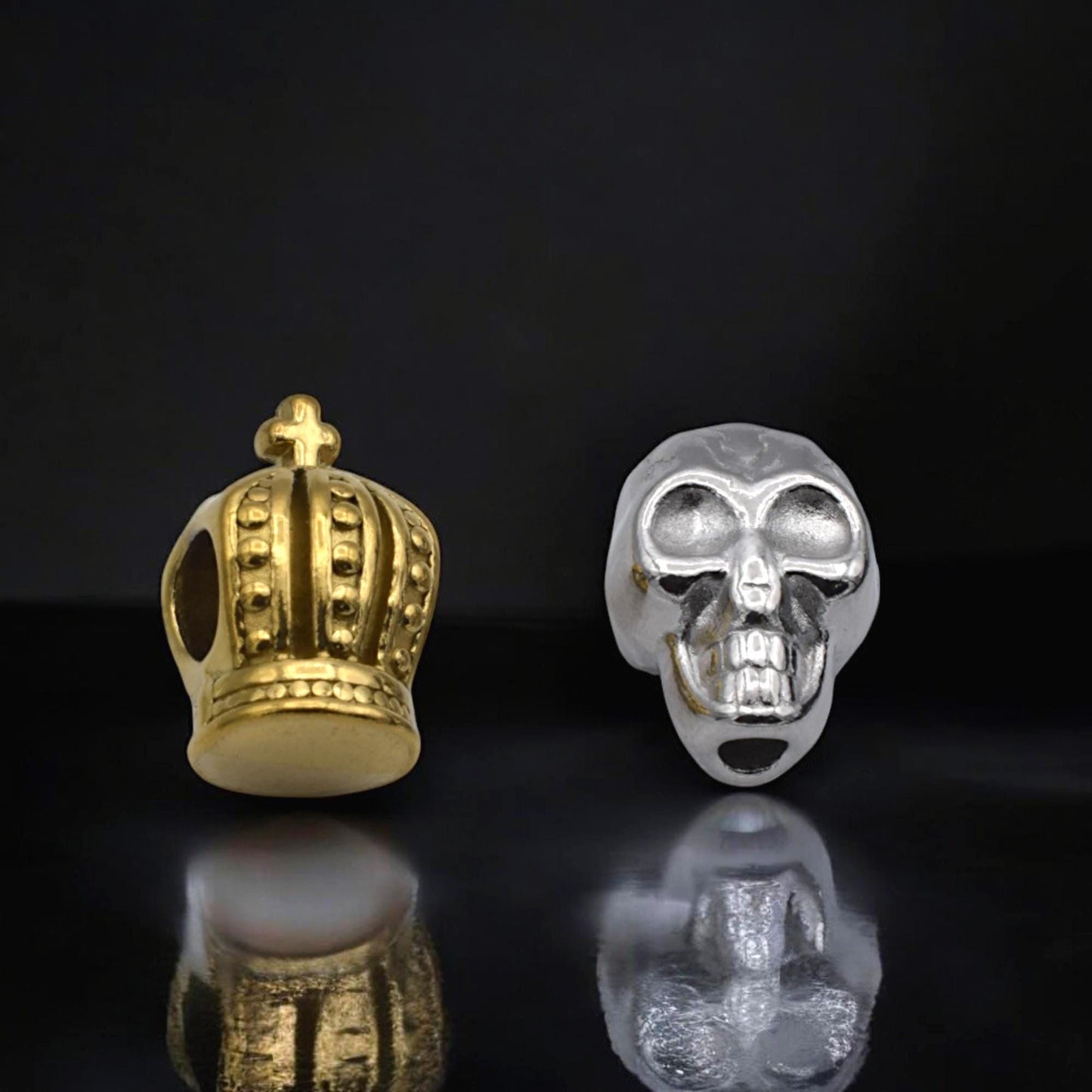 Gold Plated Crown Beads Set, Silver Skull Spacers, Gothic Fantasy Jewelry (12pcs, Lead-Free Metal, Smooth Finish)