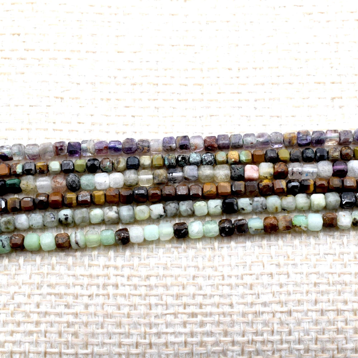 2 3mm Cube Cut Mixed Gemstone Beads, Faceted Square Natural Stones (Tiger Eye, Jasper, Fluorite, Pastel Earthy Colors, 15.5 Inches)