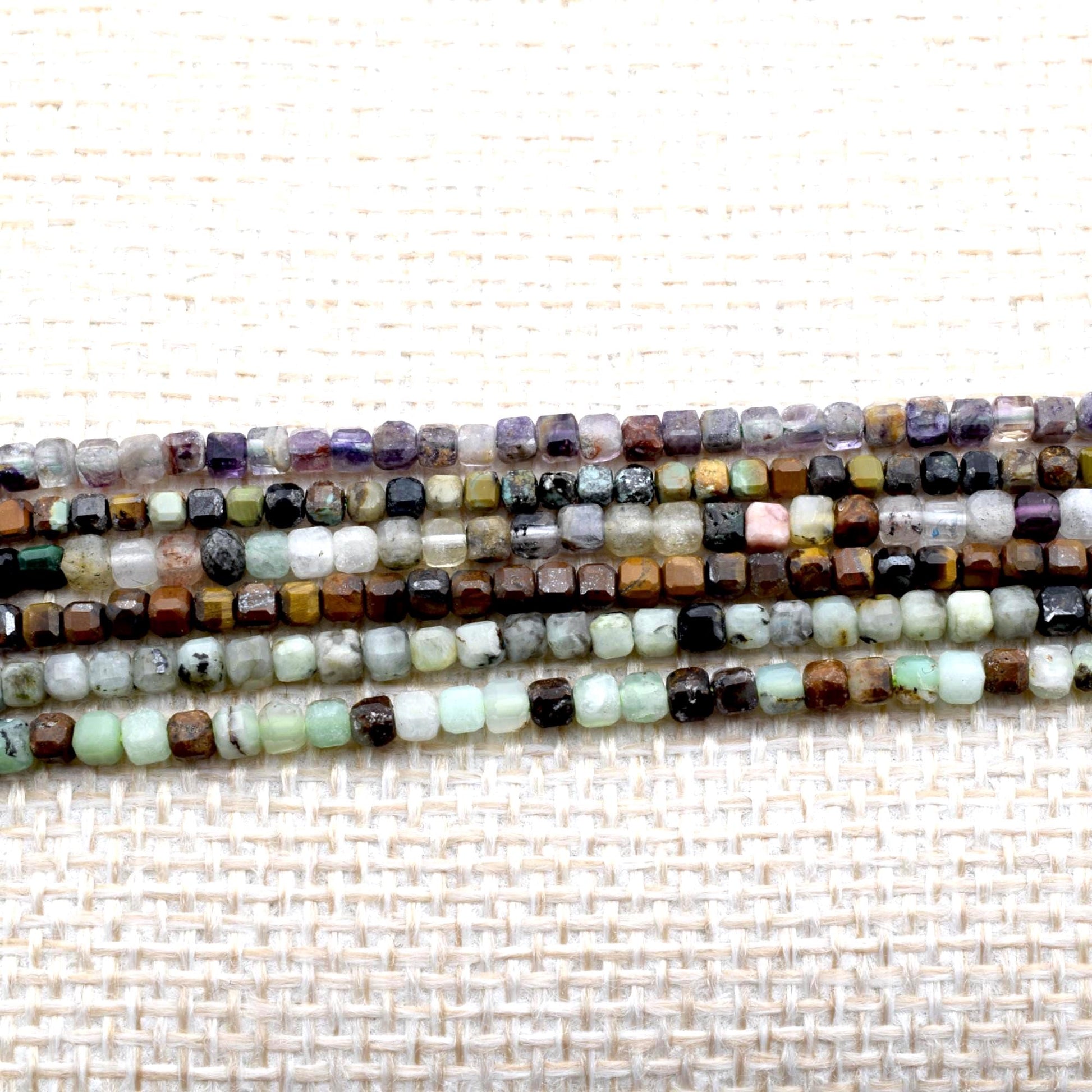 2 3mm Cube Cut Mixed Gemstone Beads, Faceted Square Natural Stones (Tiger Eye, Jasper, Fluorite, Pastel Earthy Colors, 15.5 Inches)