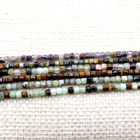 2 3mm Cube Cut Mixed Gemstone Beads, Faceted Square Natural Stones (Tiger Eye, Jasper, Fluorite, Pastel Earthy Colors, 15.5 Inches)