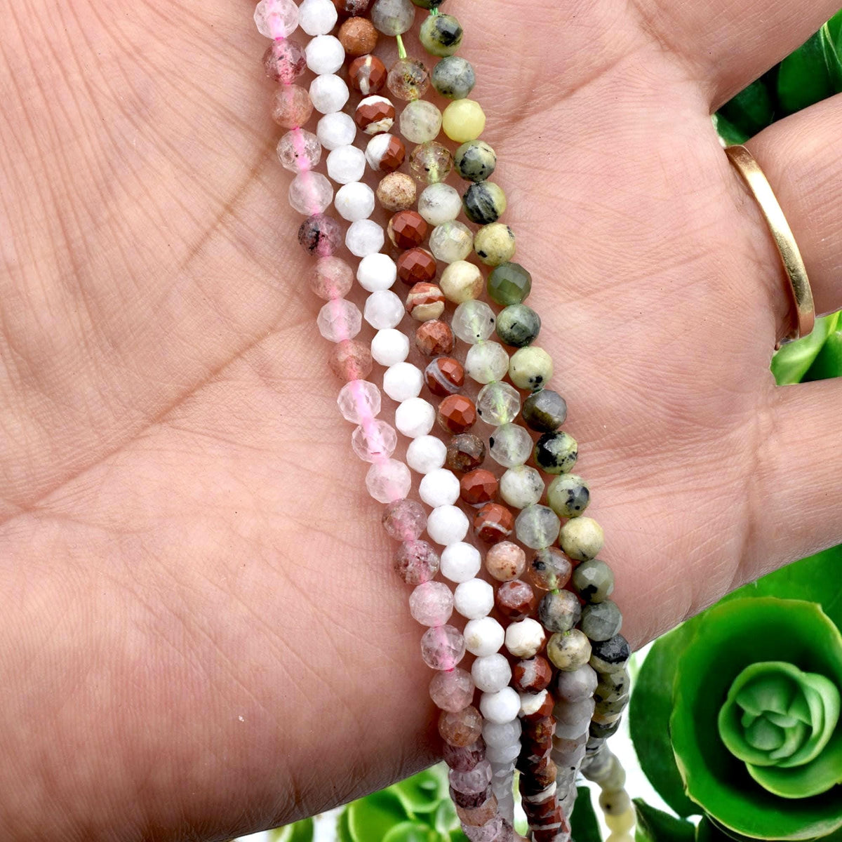4mm Faceted Round Mixed Stone Strand Natural Gemstone Beads, Earth Tones (Strawberry Quartz, Moonstone, Jasper, Semi Precious)