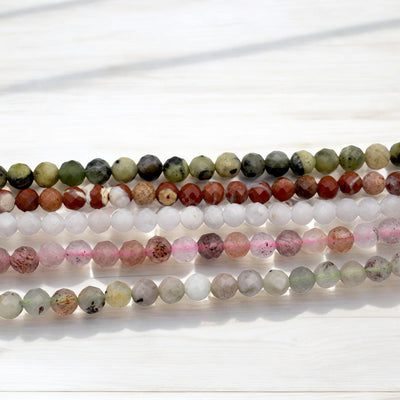 Natural Gemstone Beads – 4mm Faceted Round Mixed Stone Strand in Earth Tones, for Bracelets/Necklaces Strawberry Quartz, M...