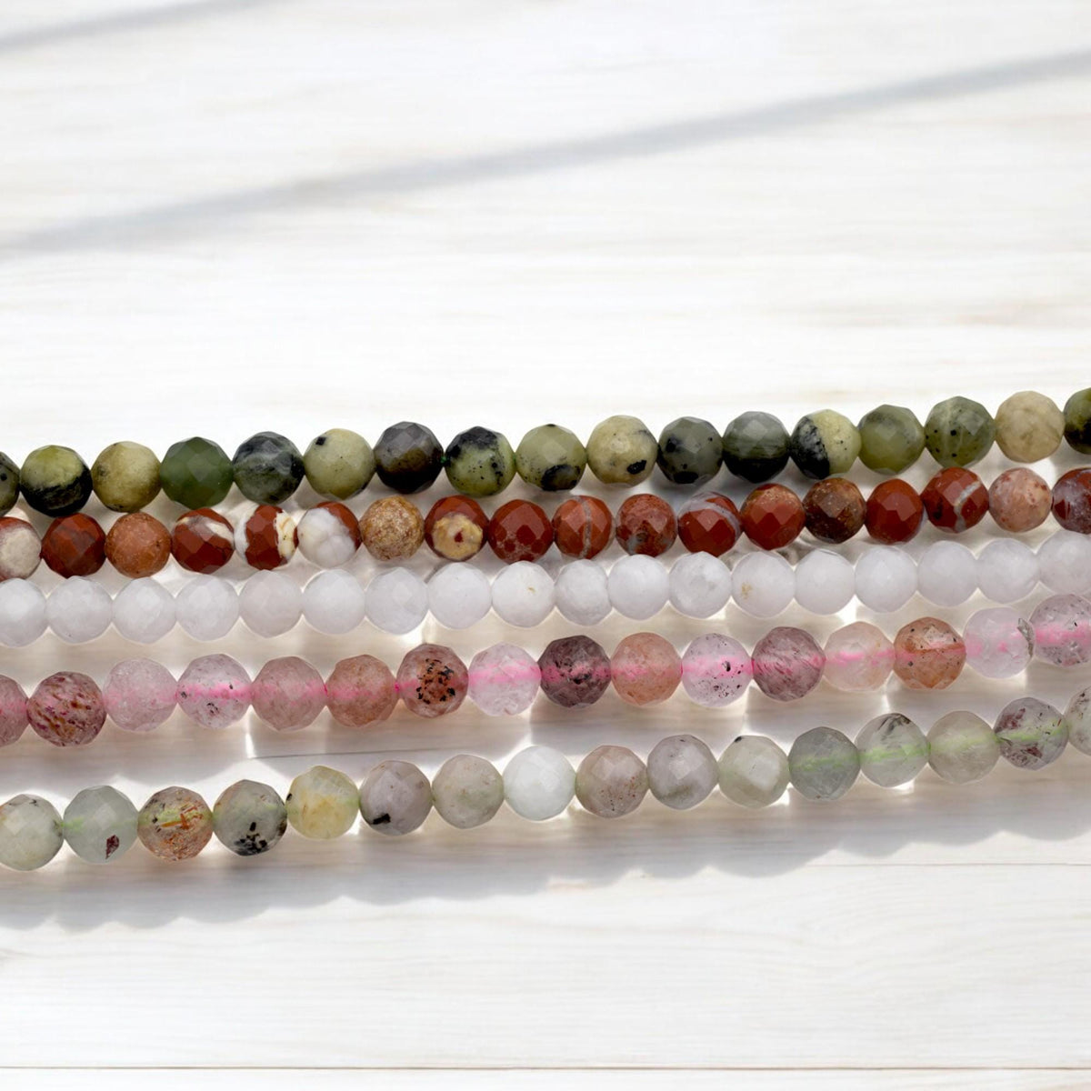 4mm Faceted Round Mixed Stone Strand Natural Gemstone Beads, Earth Tones (Strawberry Quartz, Moonstone, Jasper, Semi Precious)