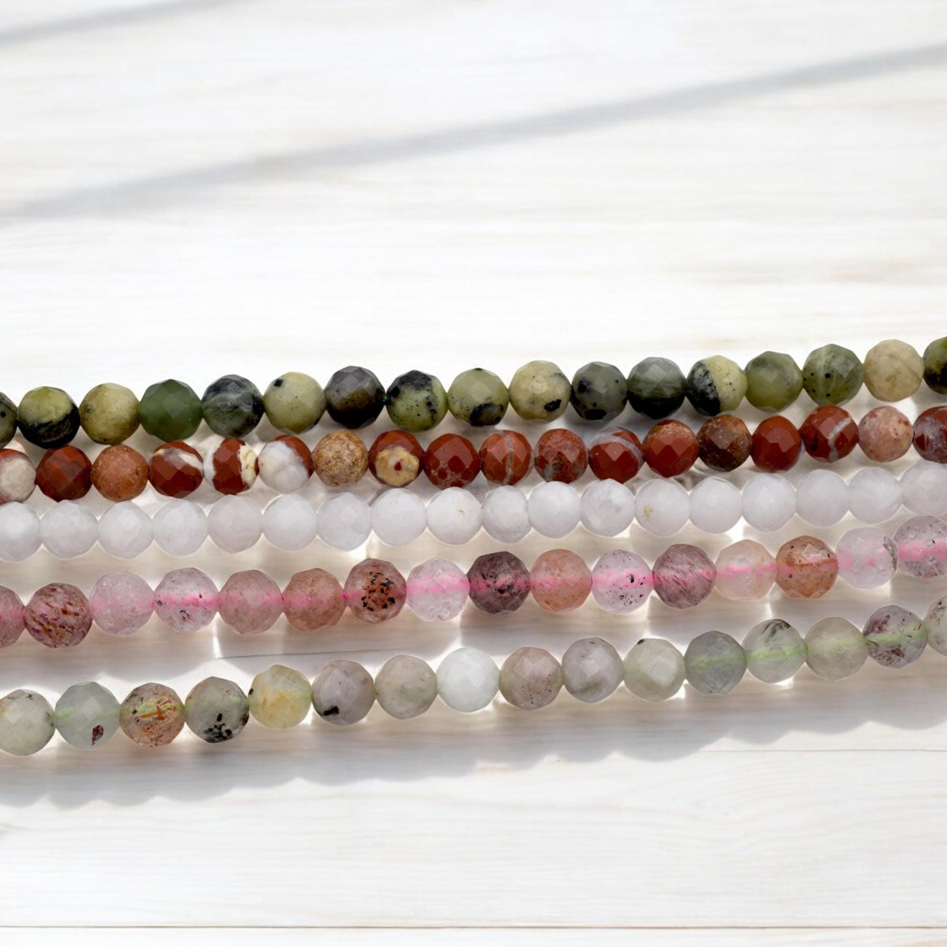 4mm Faceted Round Mixed Stone Strand Natural Gemstone Beads, Earth Tones (Strawberry Quartz, Moonstone, Jasper, Semi Precious)